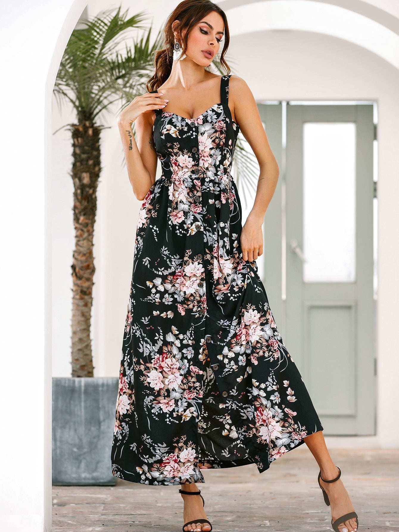 Floral Print Split Thigh Cami Dress