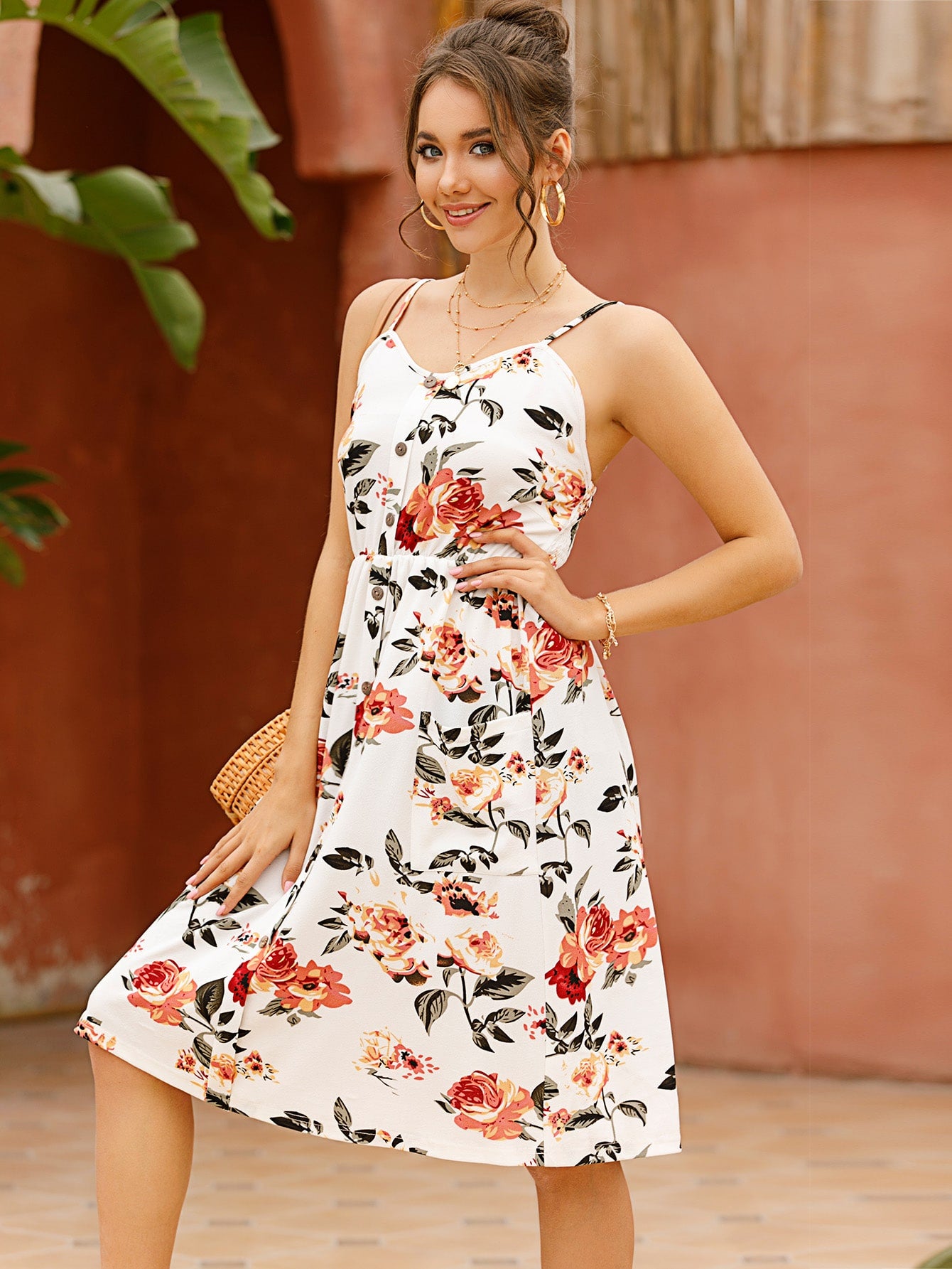 Double Pocket Shirred Back Floral Cami Dress