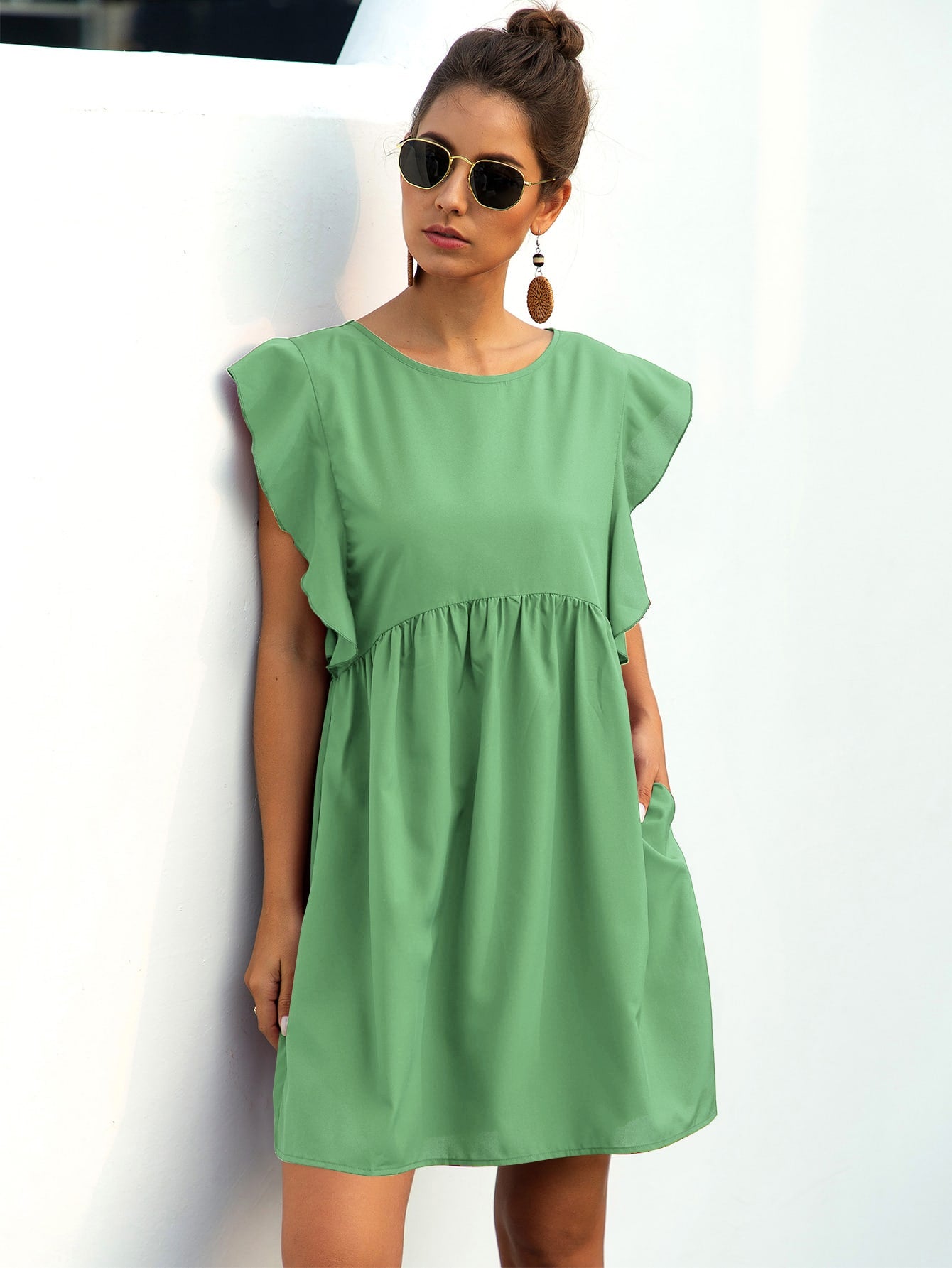 Ruffle Trim Pocket Smock Dress