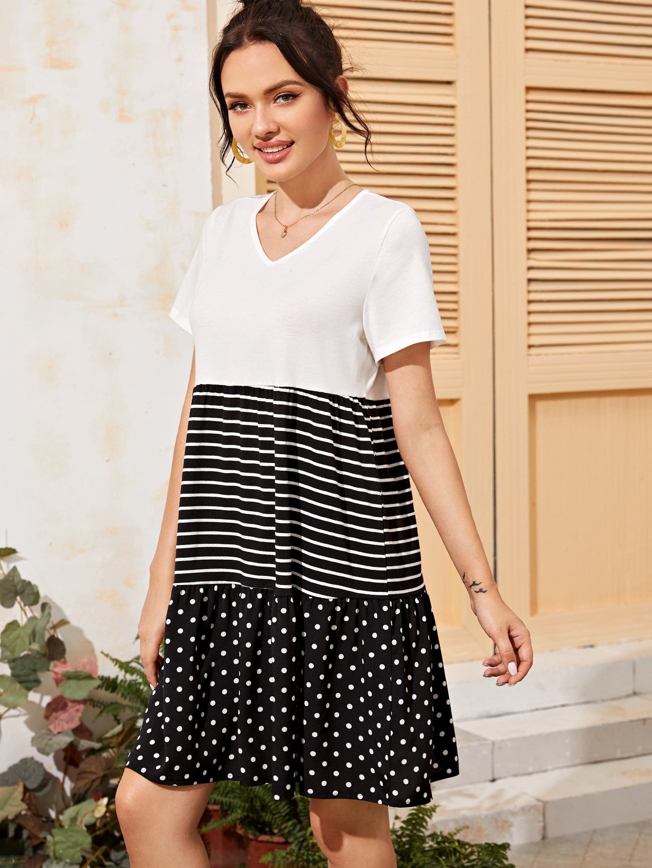 Stripe Polka Dot Spliced Babydoll Dress