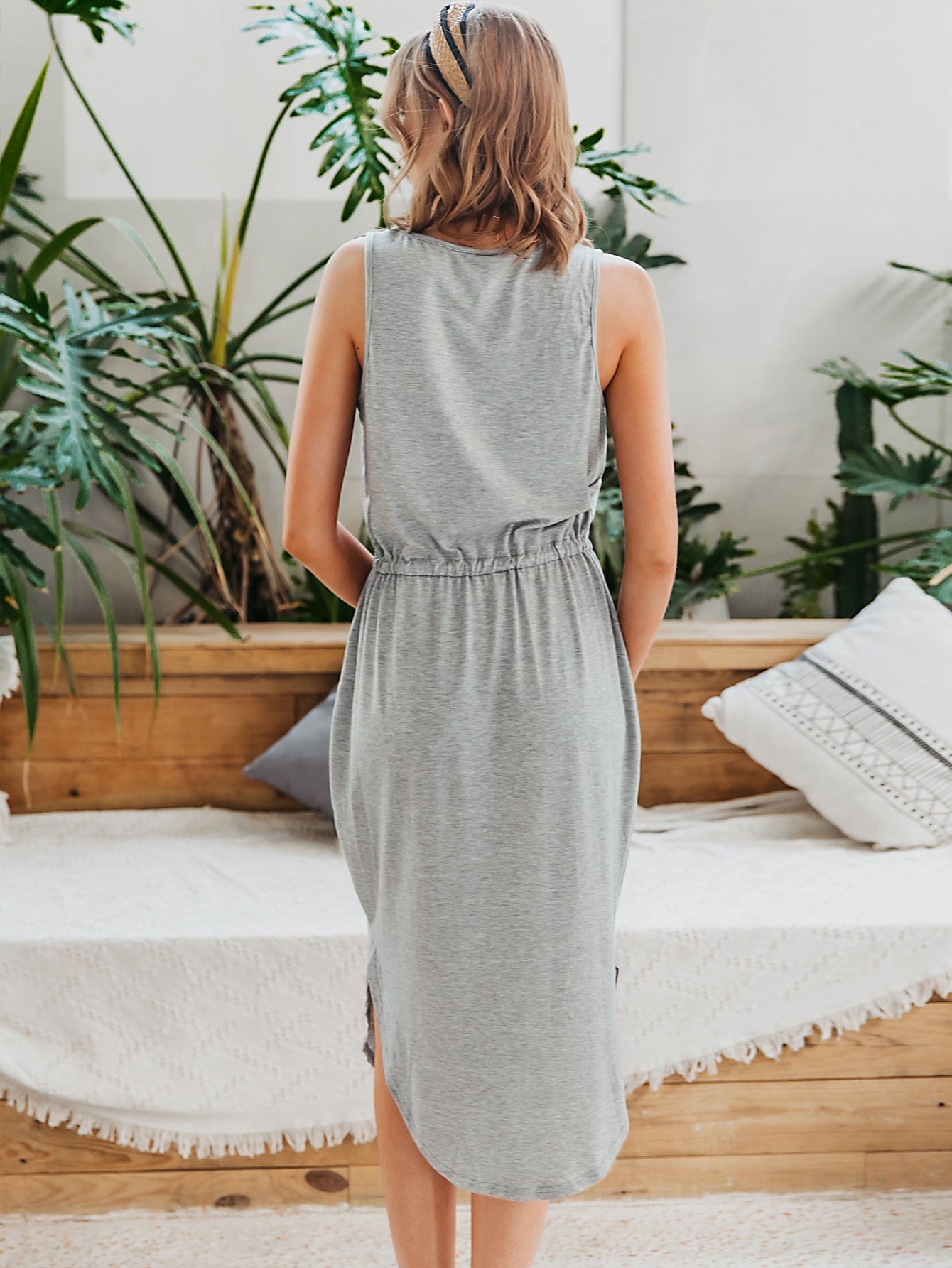 Tie Waist Curved Hem Tank Dress