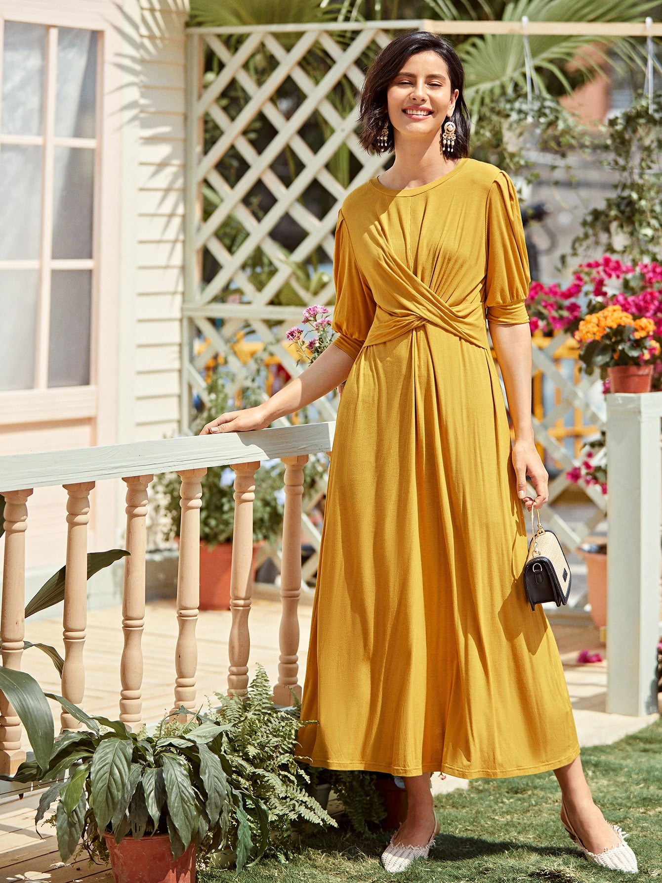 Twist Front Solid Long Tee Dress