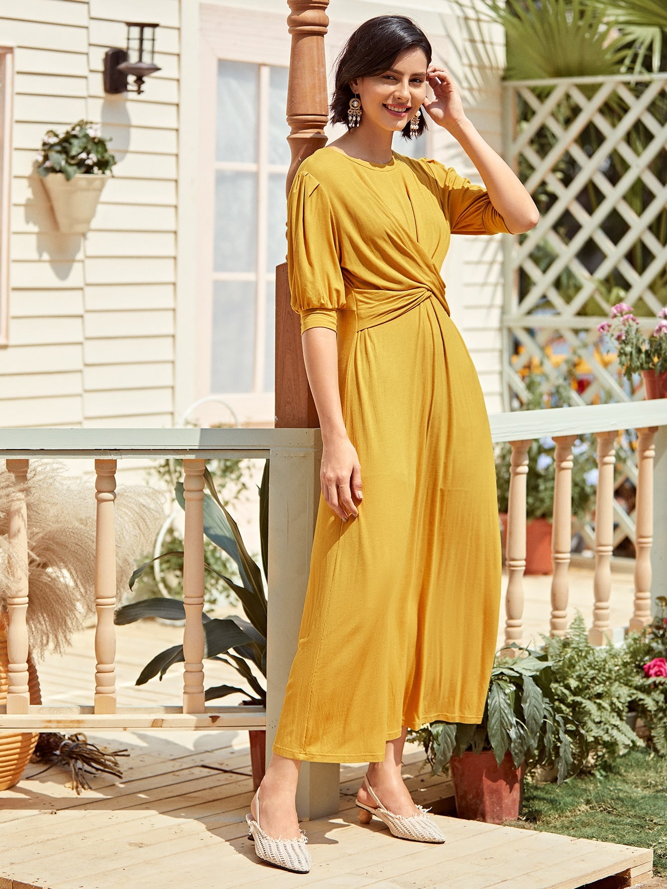 Twist Front Solid Long Tee Dress