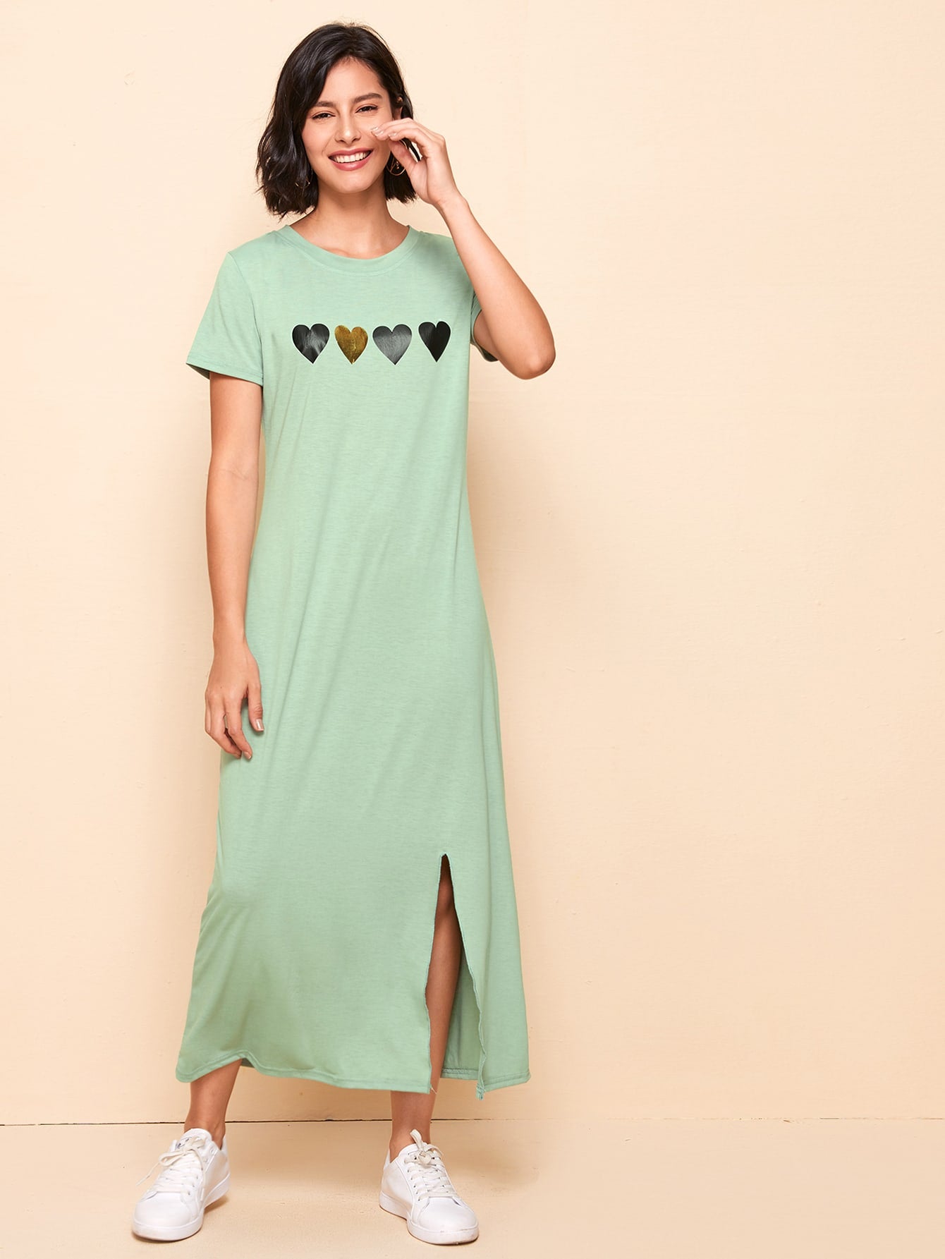 Heart Print Side Split Tee Dress