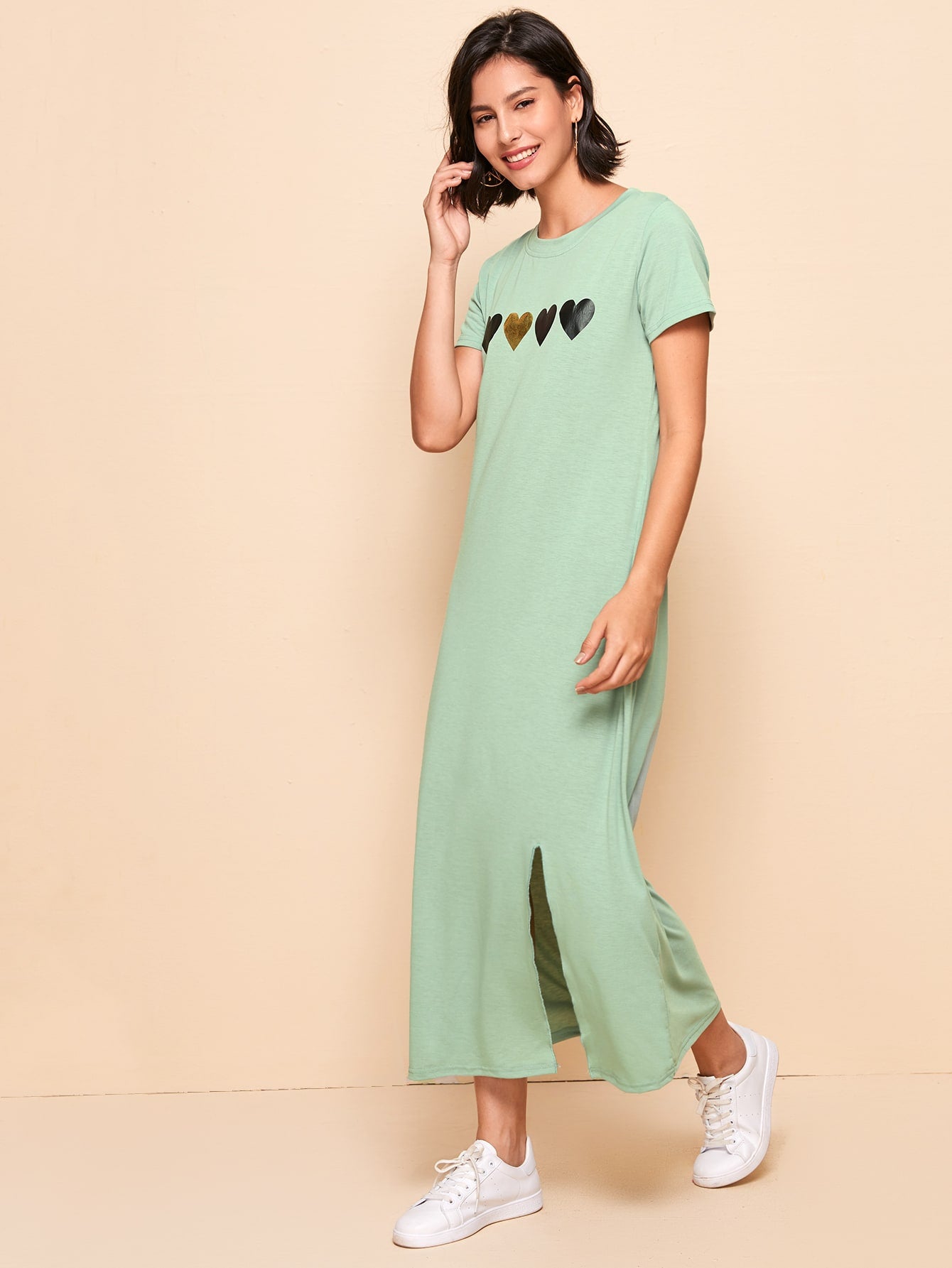 Heart Print Side Split Tee Dress