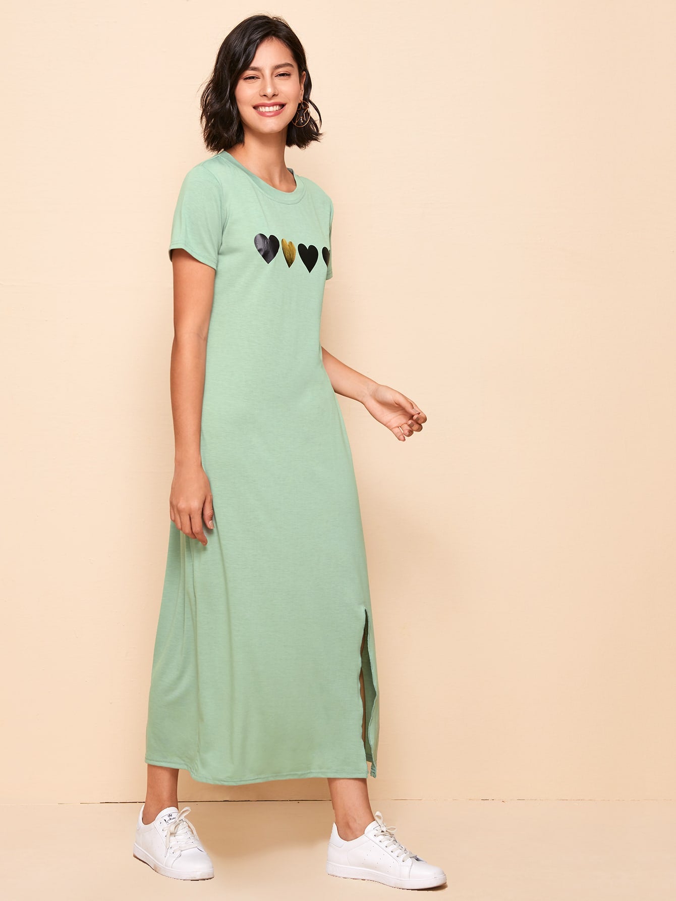 Heart Print Side Split Tee Dress