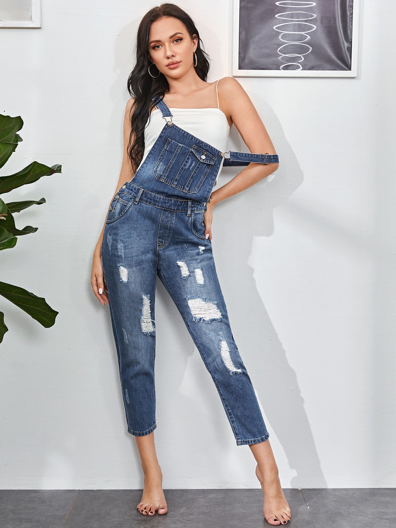 Crisscross Back Adjustable Strap Ripped Detail Overalls