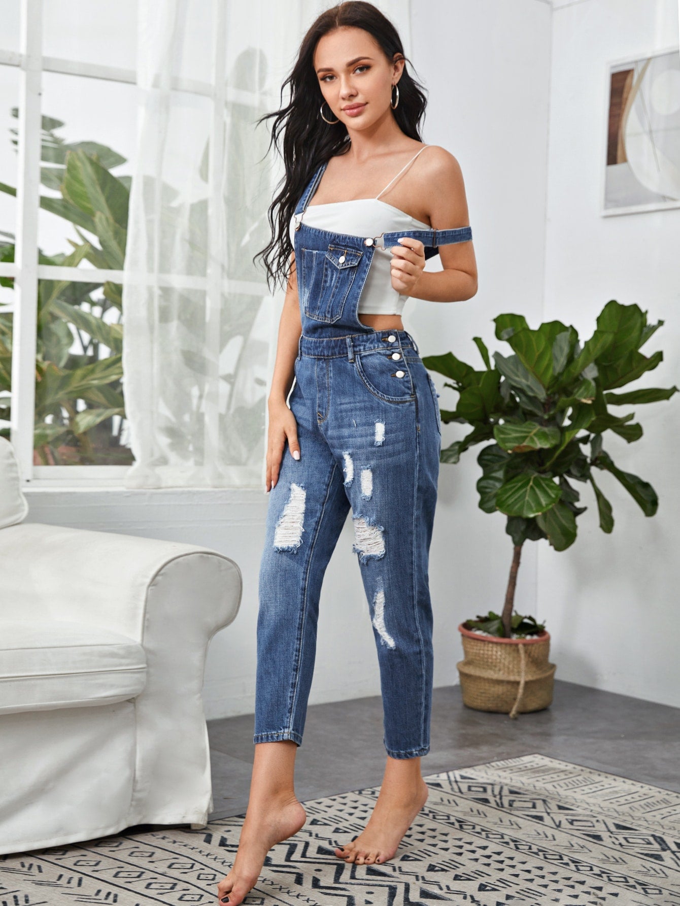 Crisscross Back Adjustable Strap Ripped Detail Overalls