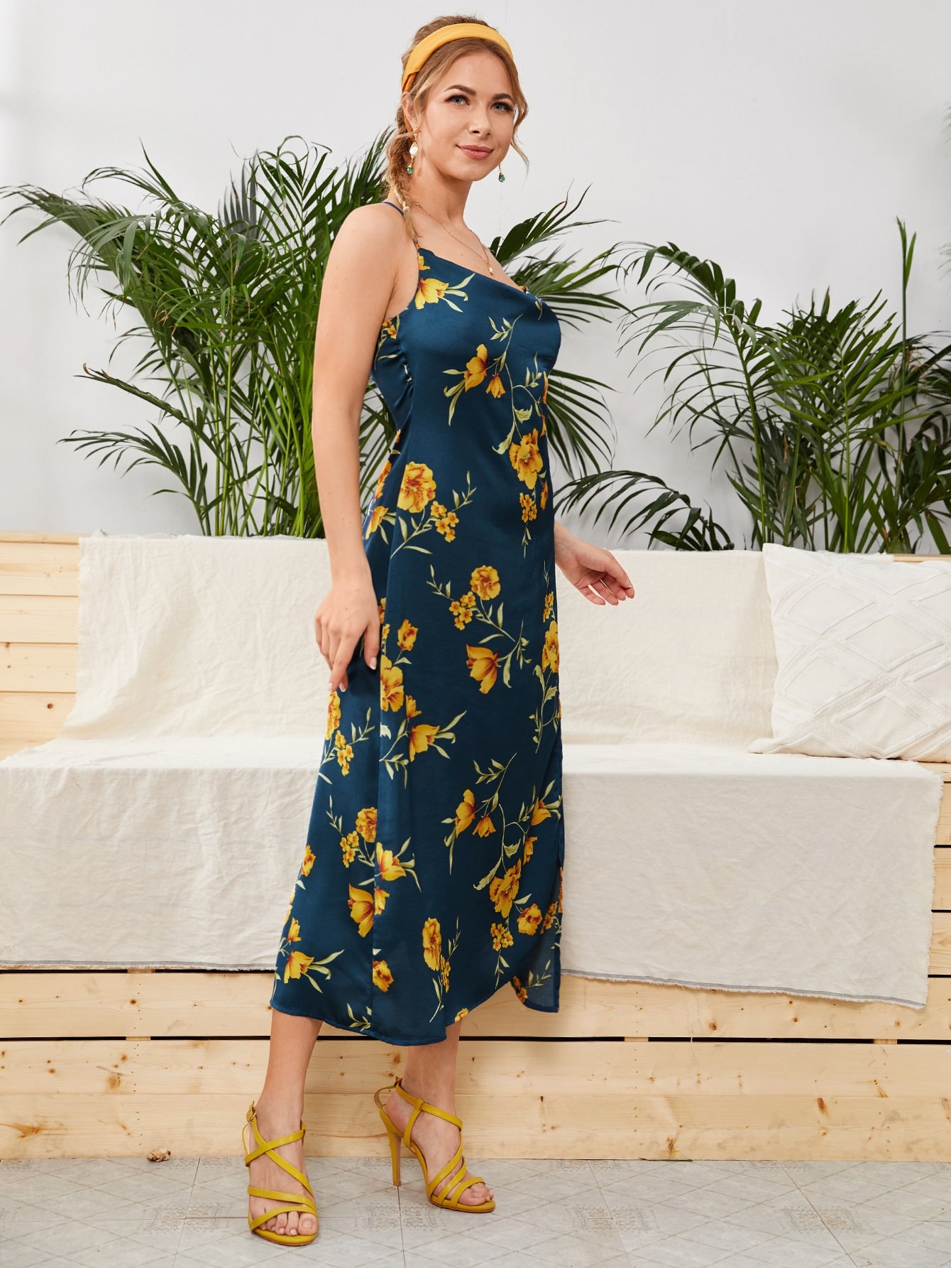 Cowl Neck Floral Satin Slit Hem Dress