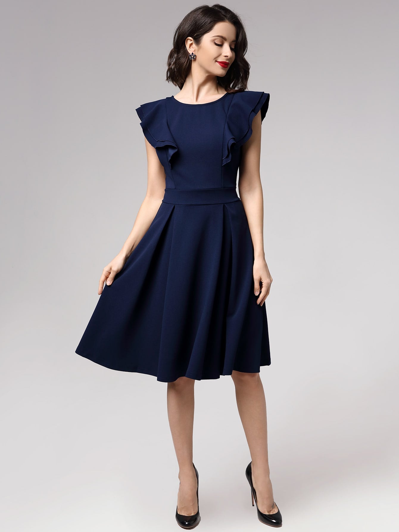 Miusol Layered Flutter Sleeve Boxy Pleated Dress