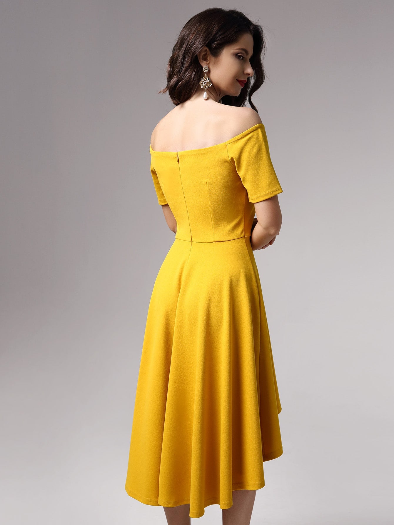 Miusol Scalloped Off Shoulder High Low Skater Dress