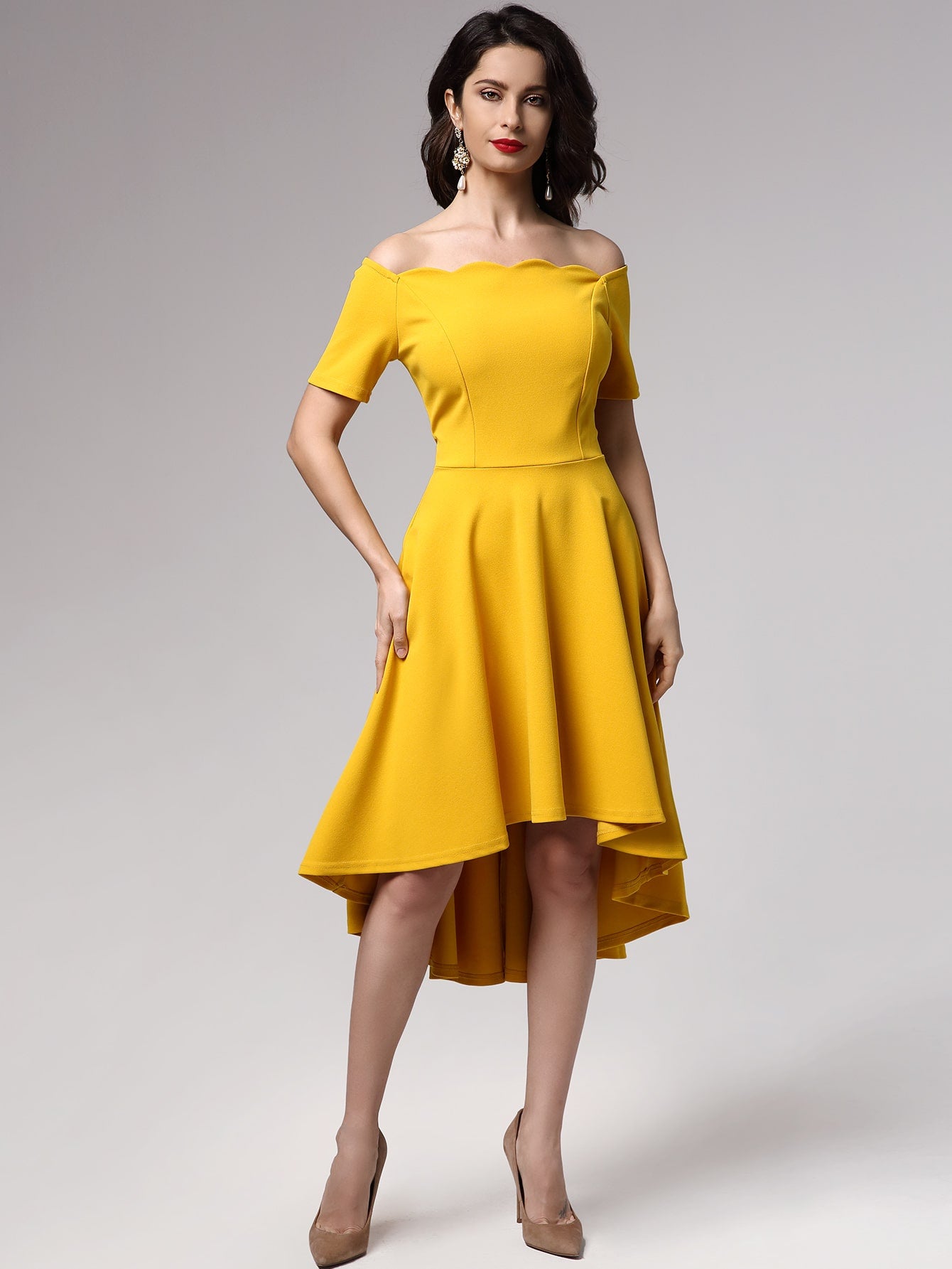 Miusol Scalloped Off Shoulder High Low Skater Dress
