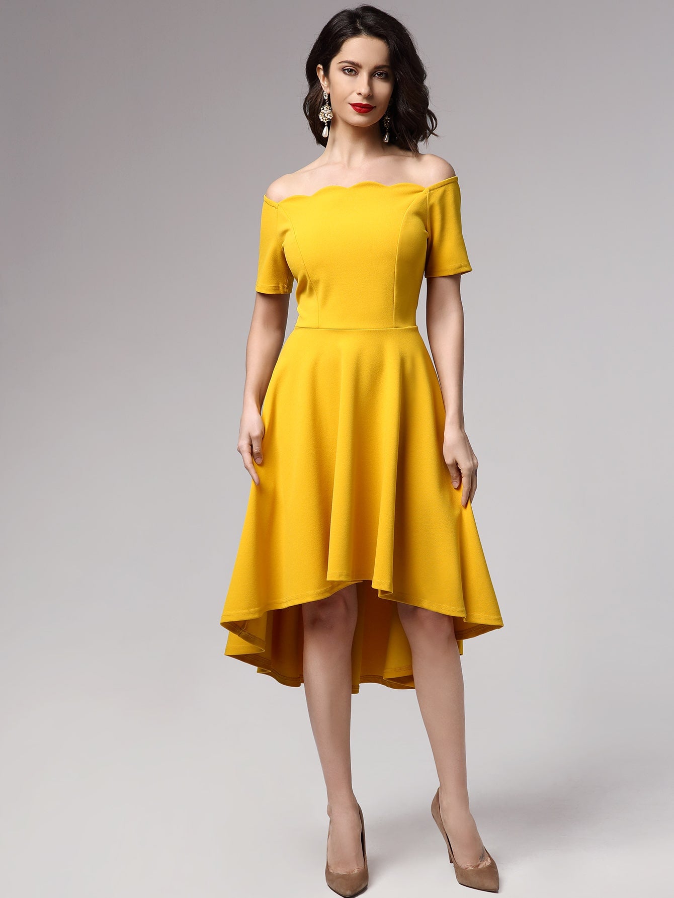 Miusol Scalloped Off Shoulder High Low Skater Dress