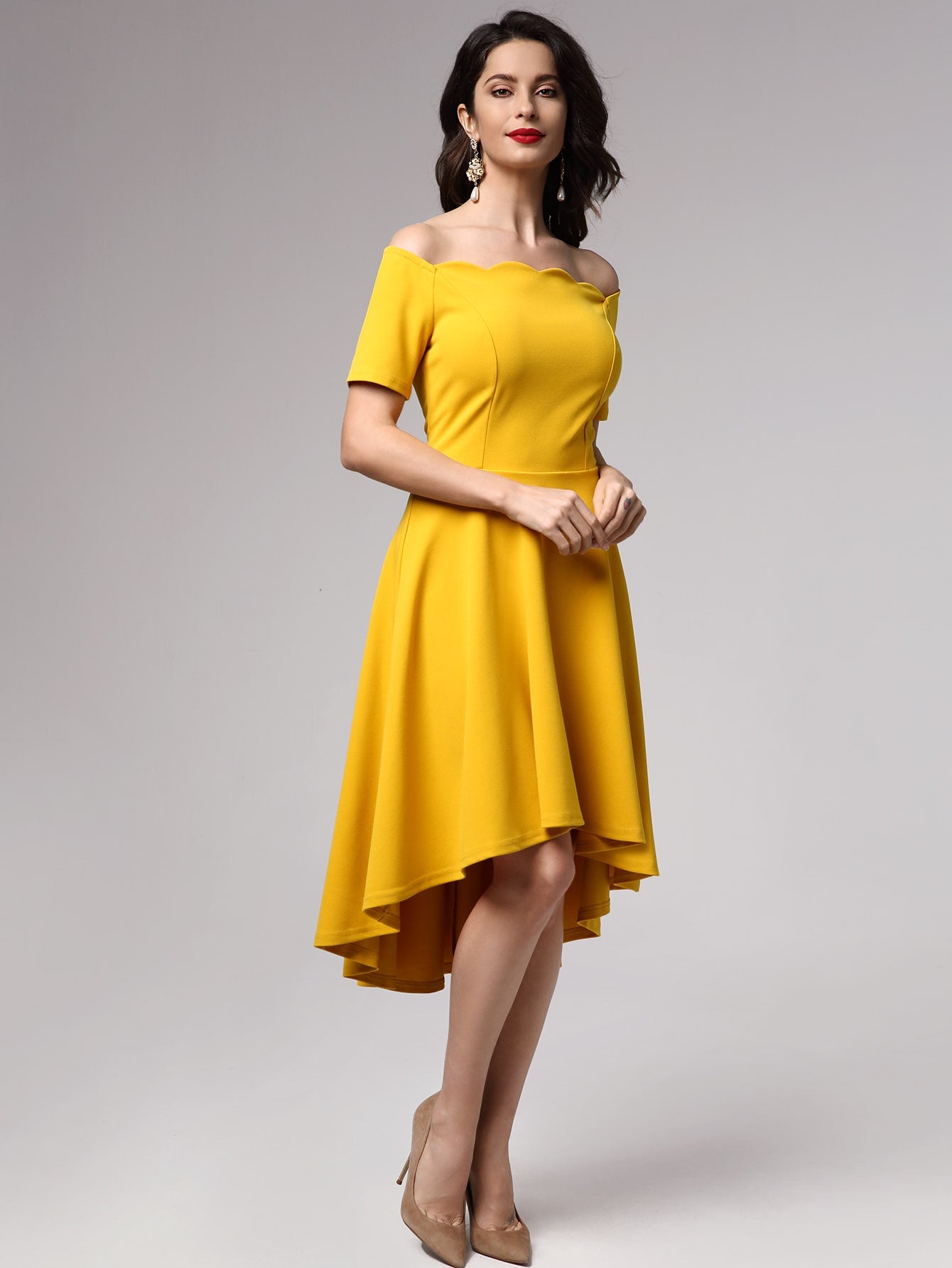 Miusol Scalloped Off Shoulder High Low Skater Dress