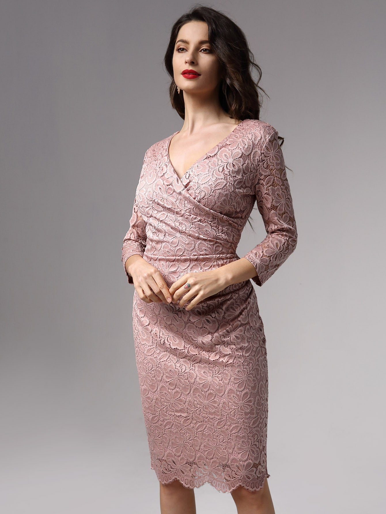 Miusol Ruched Wrap Front Floral Lace Dress
