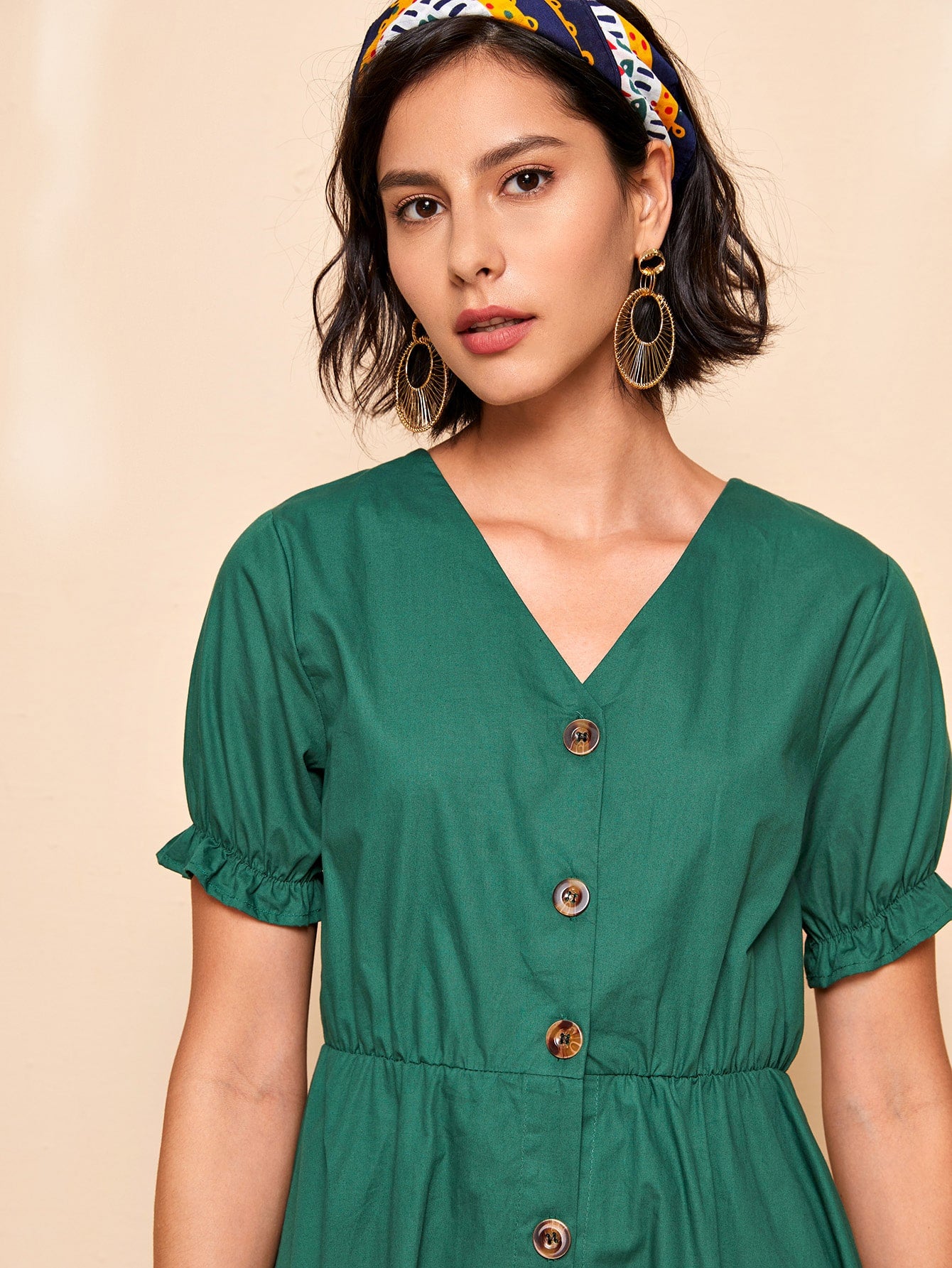 Button Through Flounce Sleeve Solid Dress