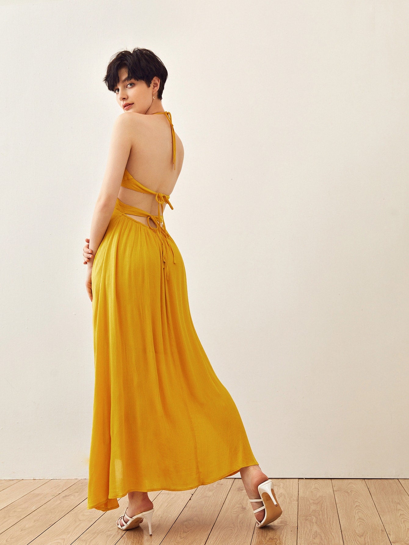 Tie Backless Split Thigh Halter Dress