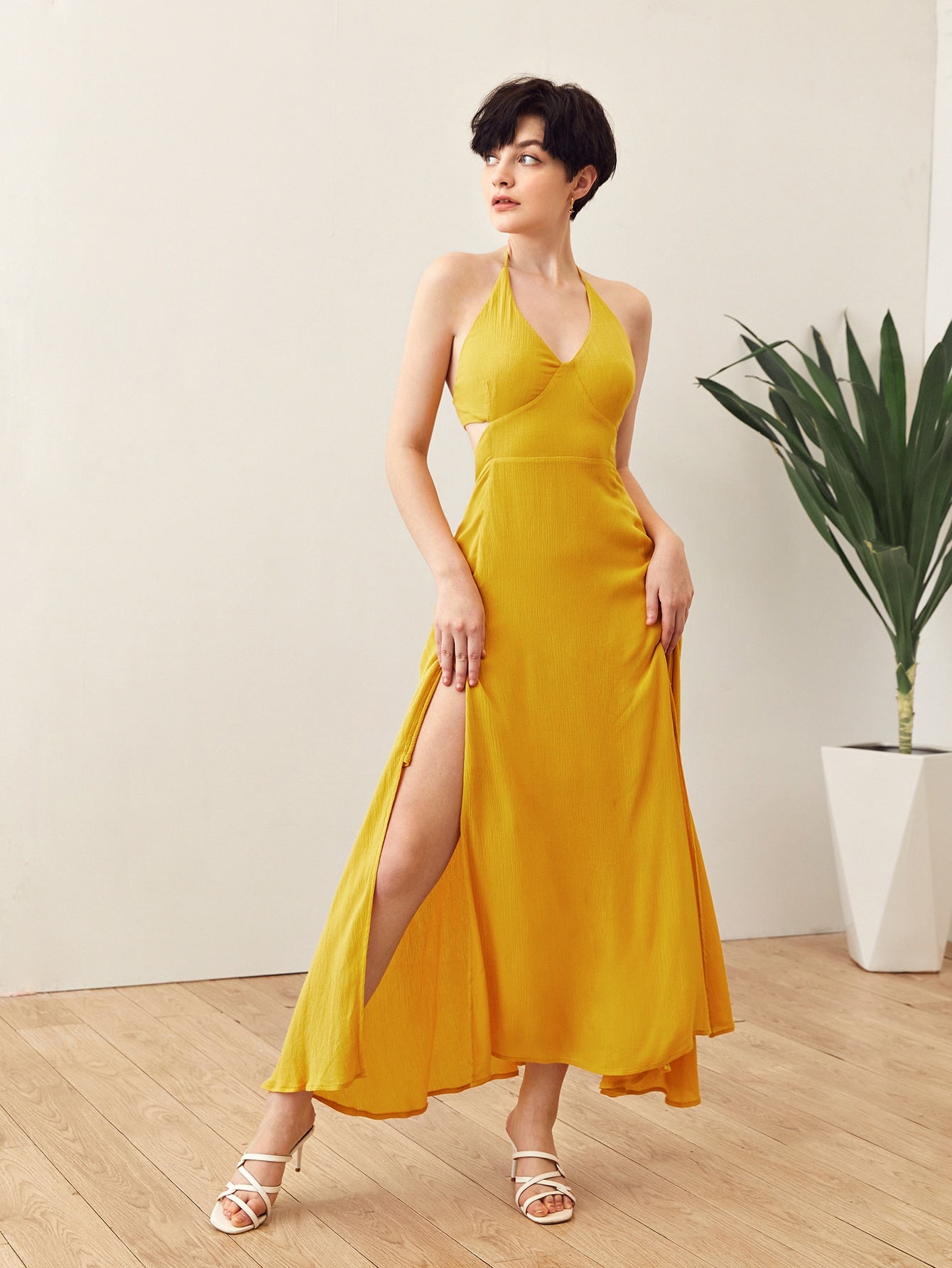 Tie Backless Split Thigh Halter Dress
