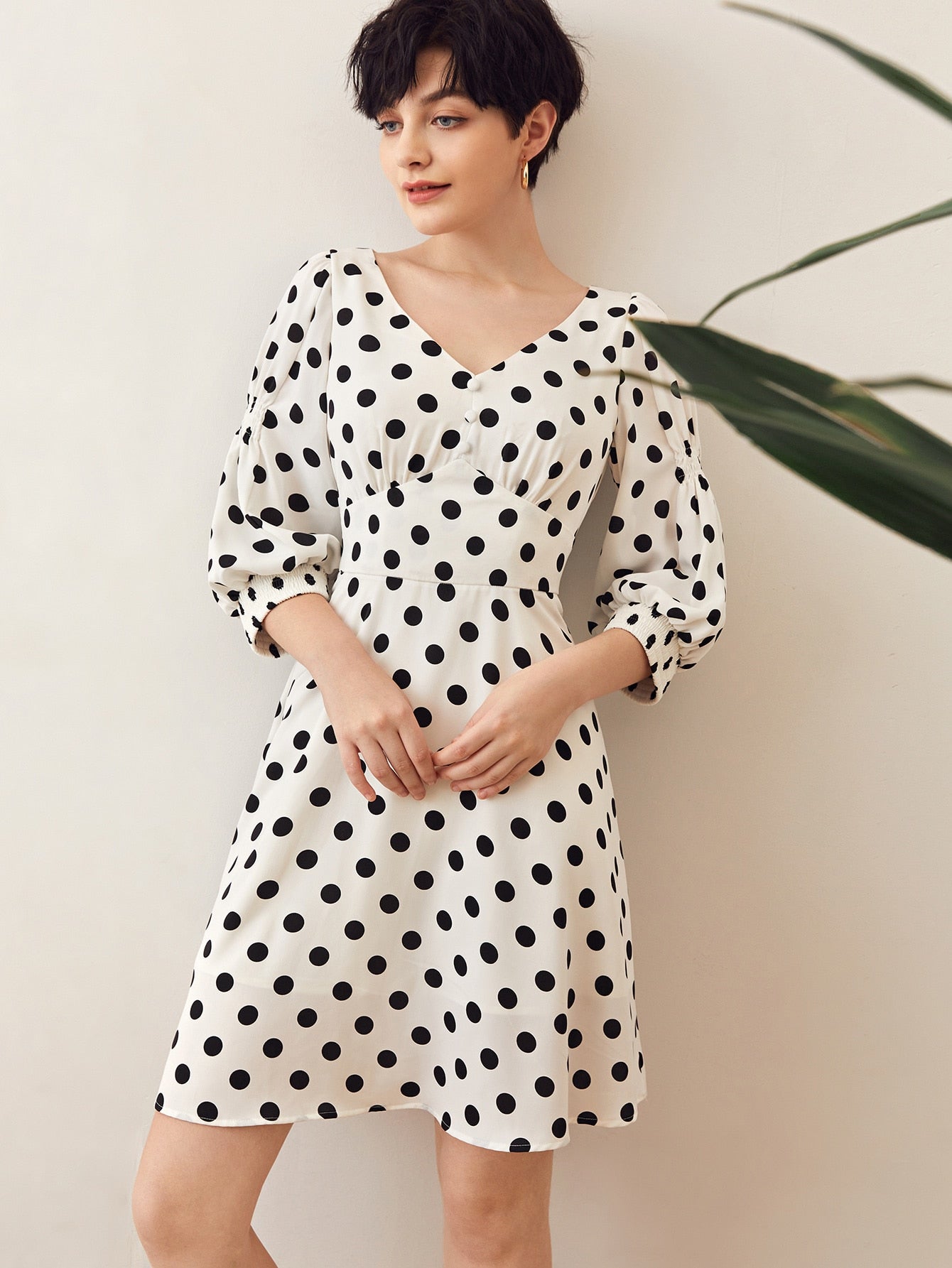 Button Front Polka Dot Print Dress