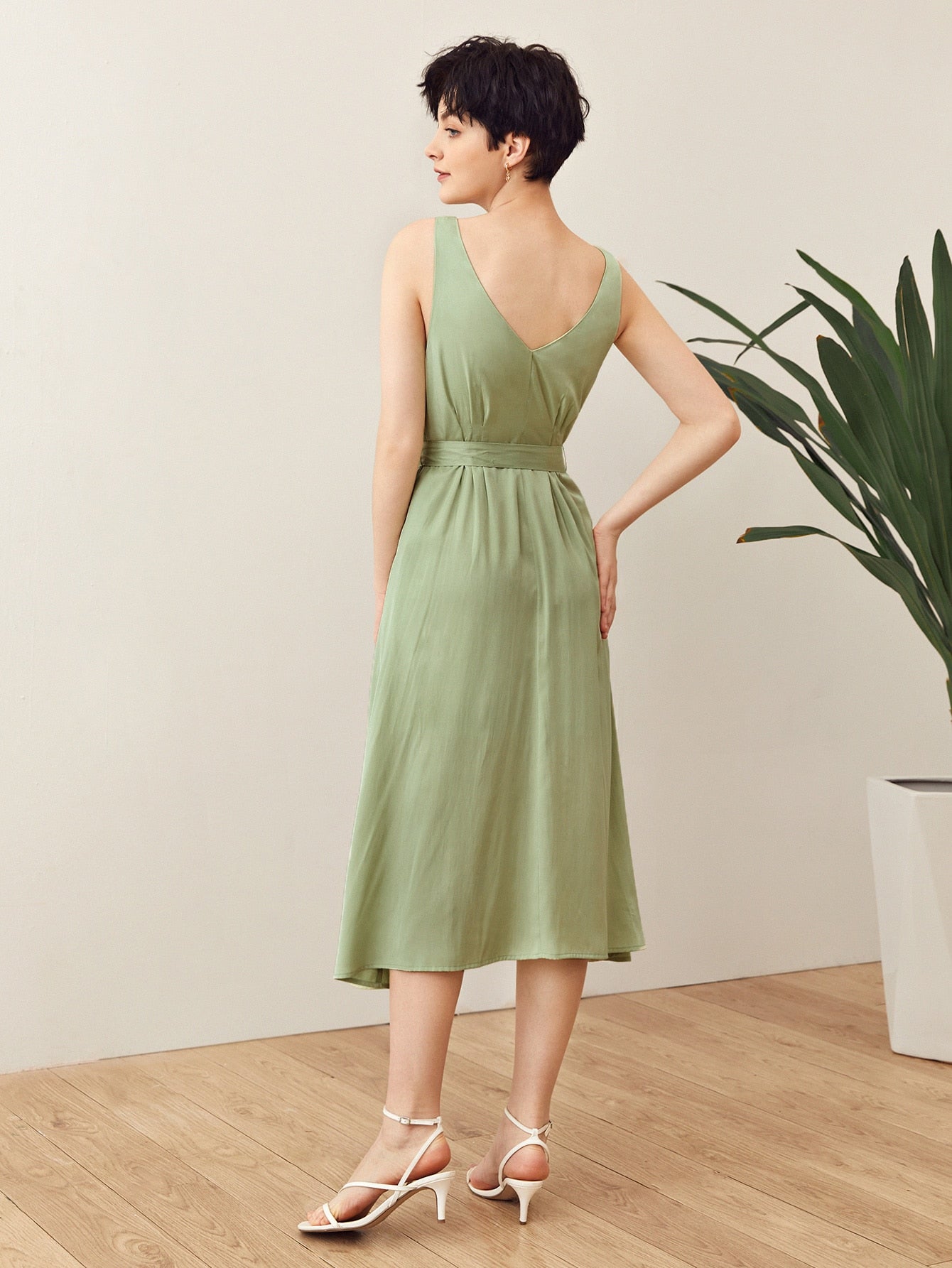 Double V Neck Self Belted Dress