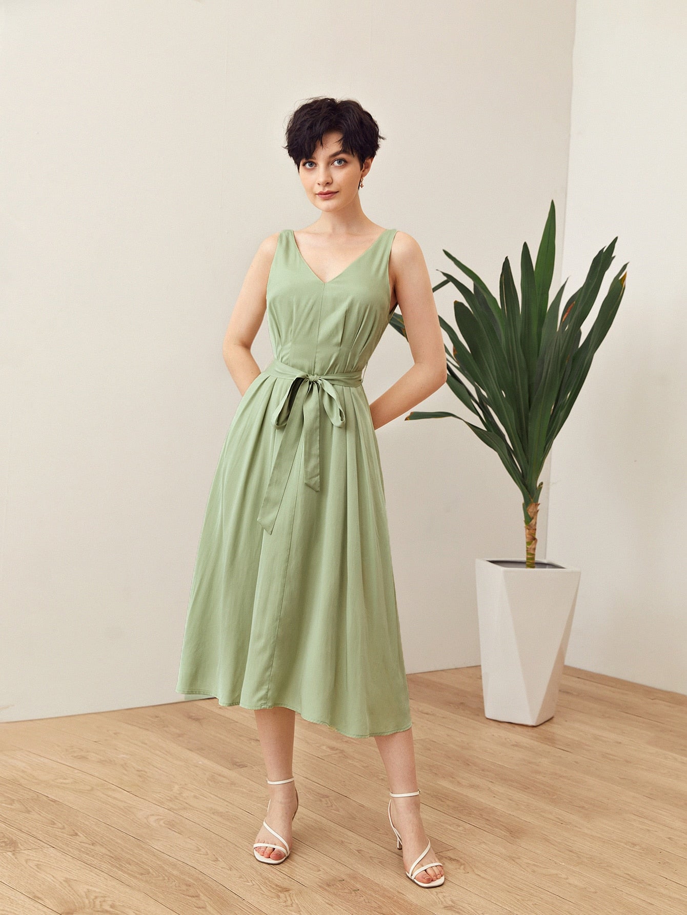 Double V Neck Self Belted Dress