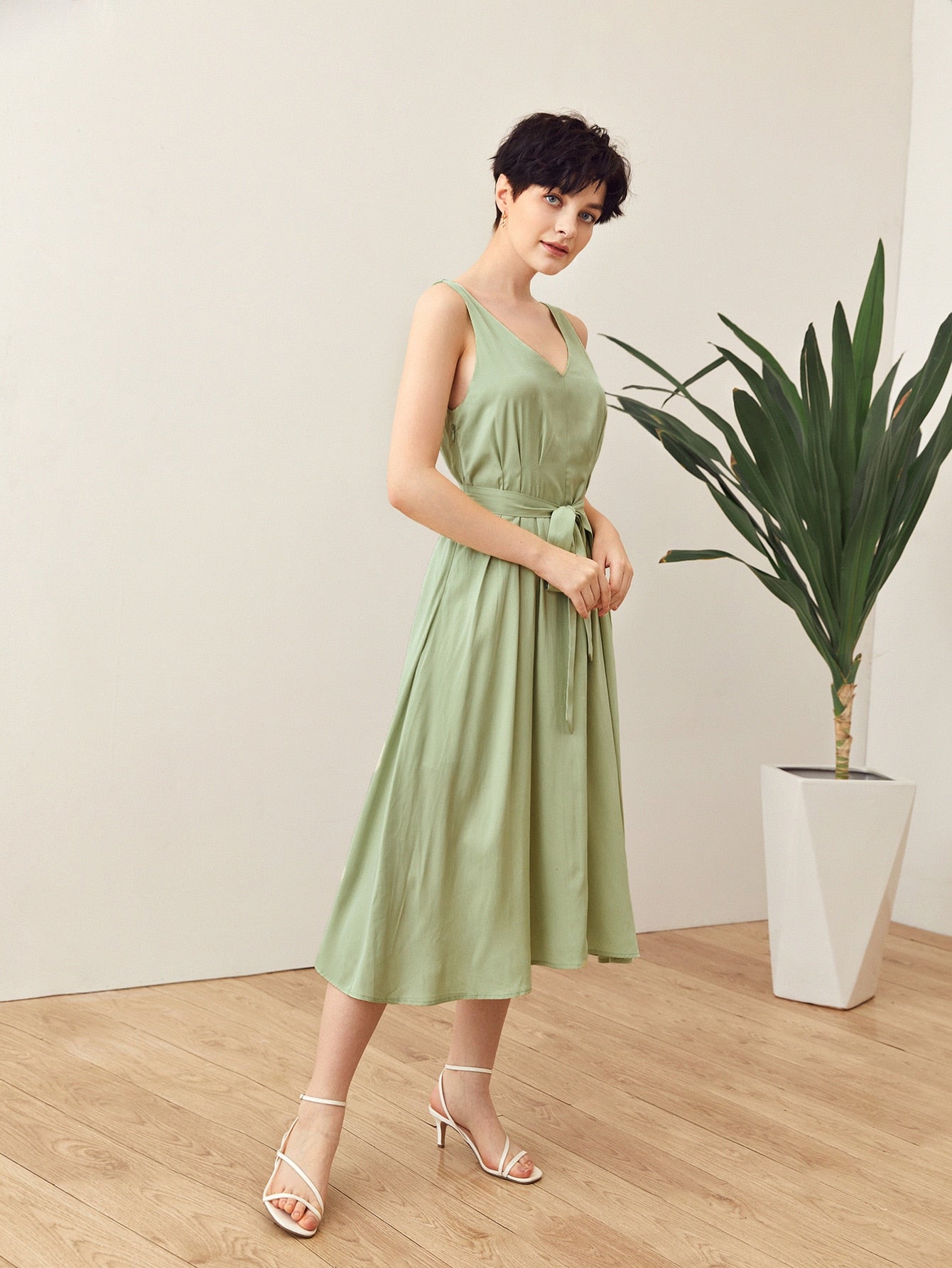 Double V Neck Self Belted Dress