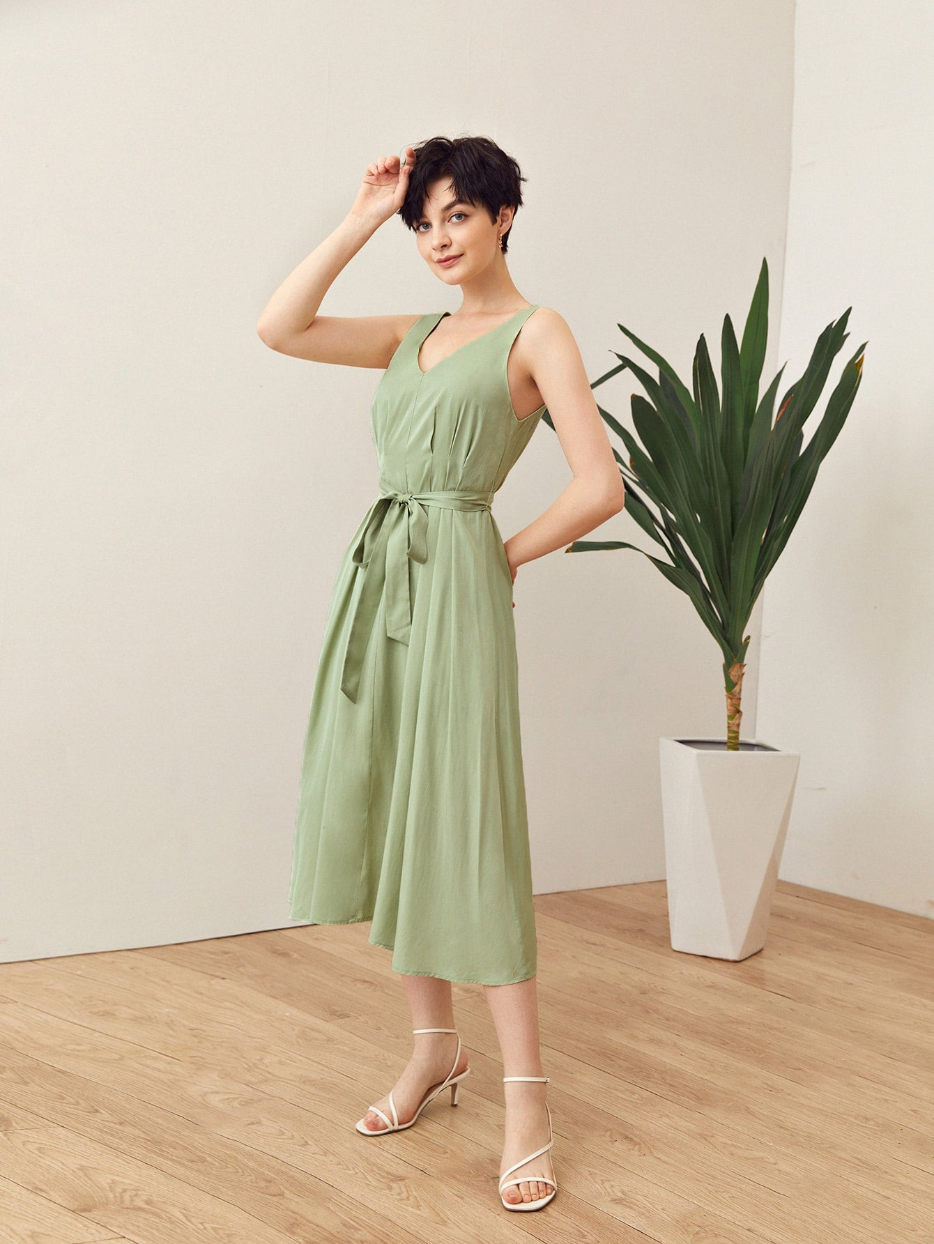 Double V Neck Self Belted Dress