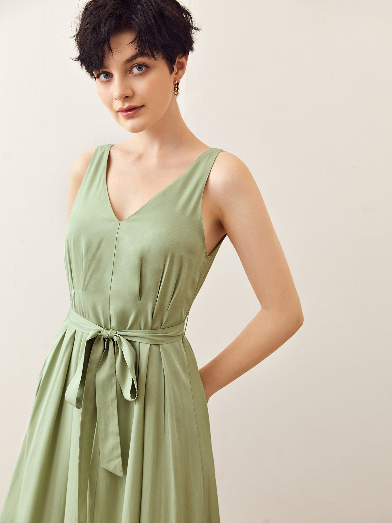 Double V Neck Self Belted Dress