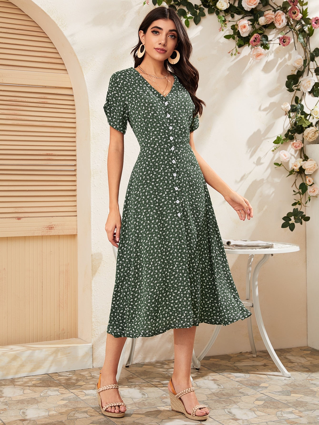 Ditsy Floral Button Through Tea Dress