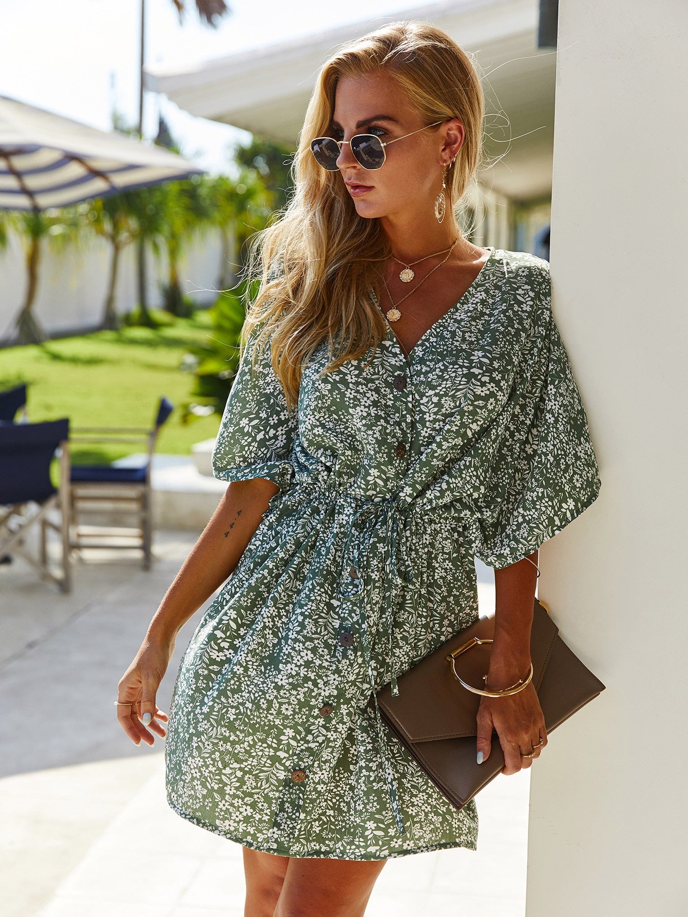 Button Through Allover Floral Print Dress