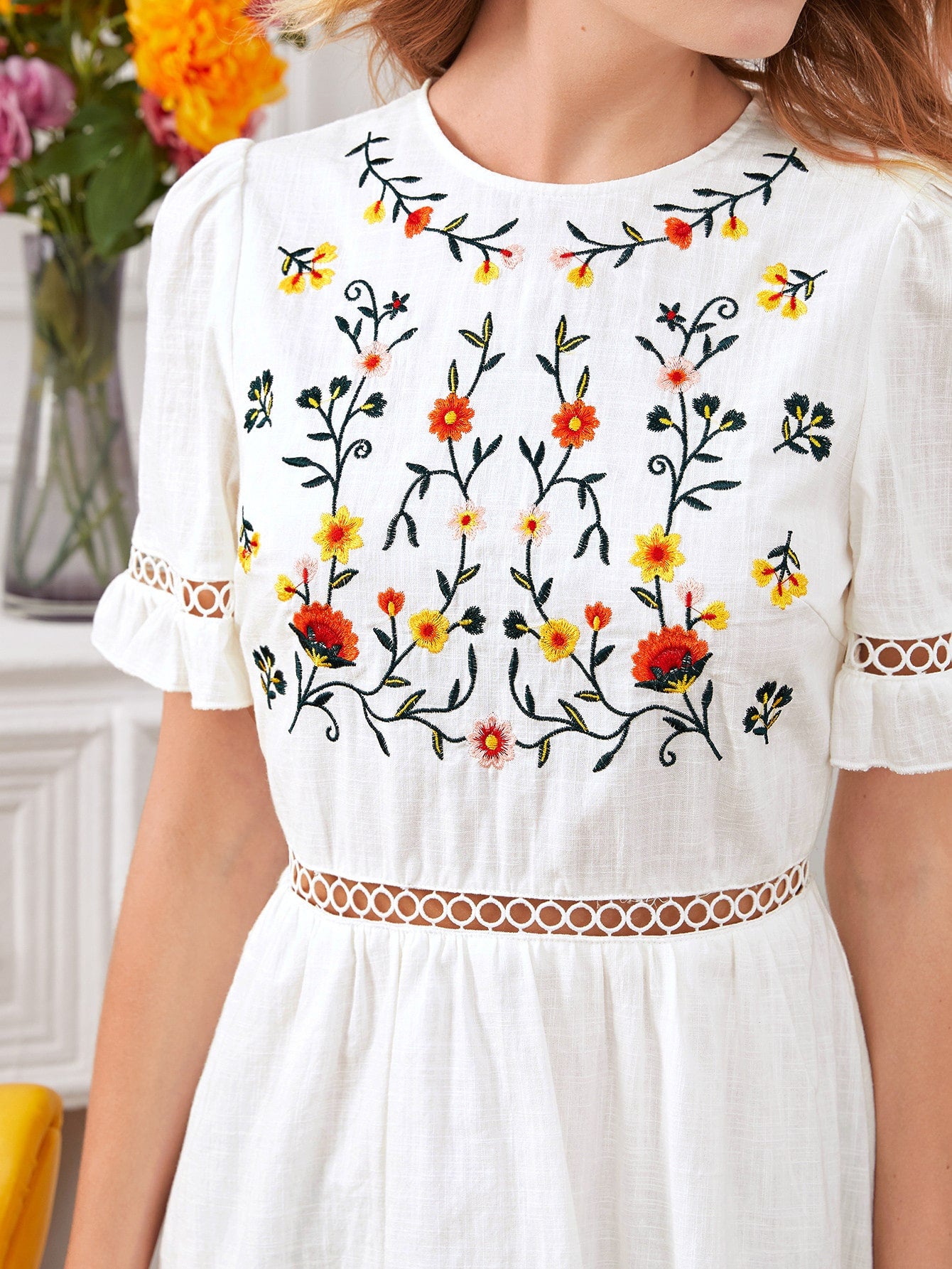 Floral Embroidered Lace Trim Dress