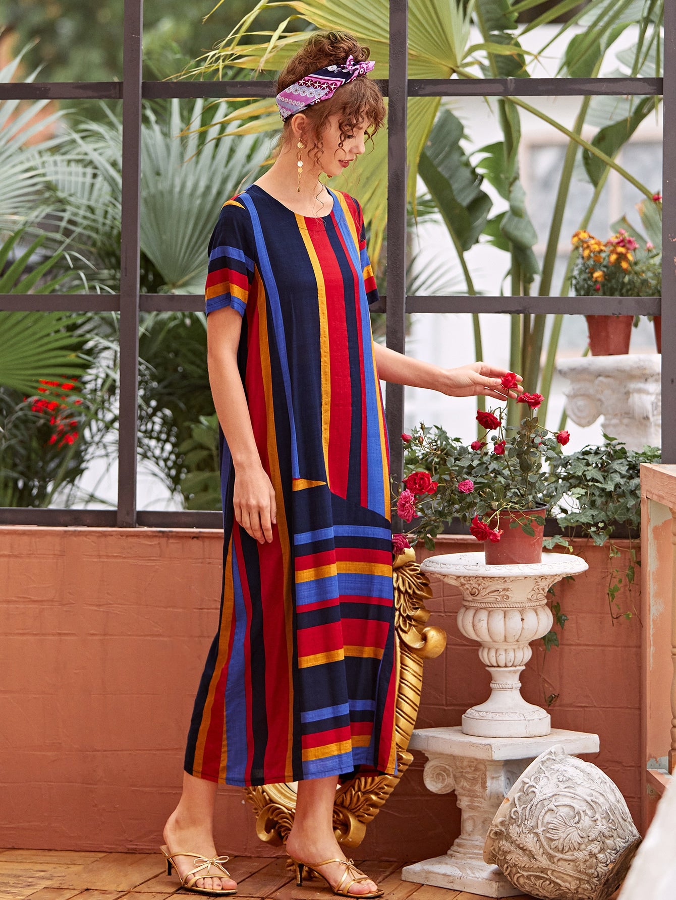 Colorful Stripe Short Sleeve Tunic Dress