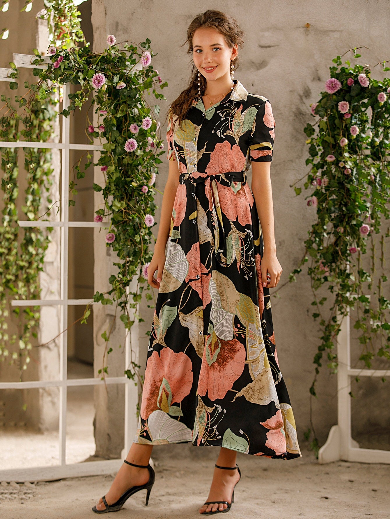 Plants Print Belted Shirt Dress