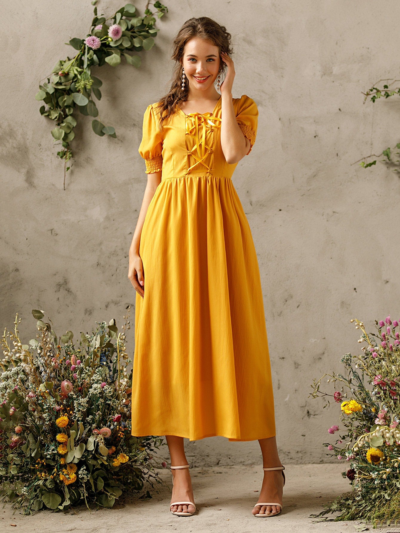 Lace Up Puff Sleeve A-line Dress