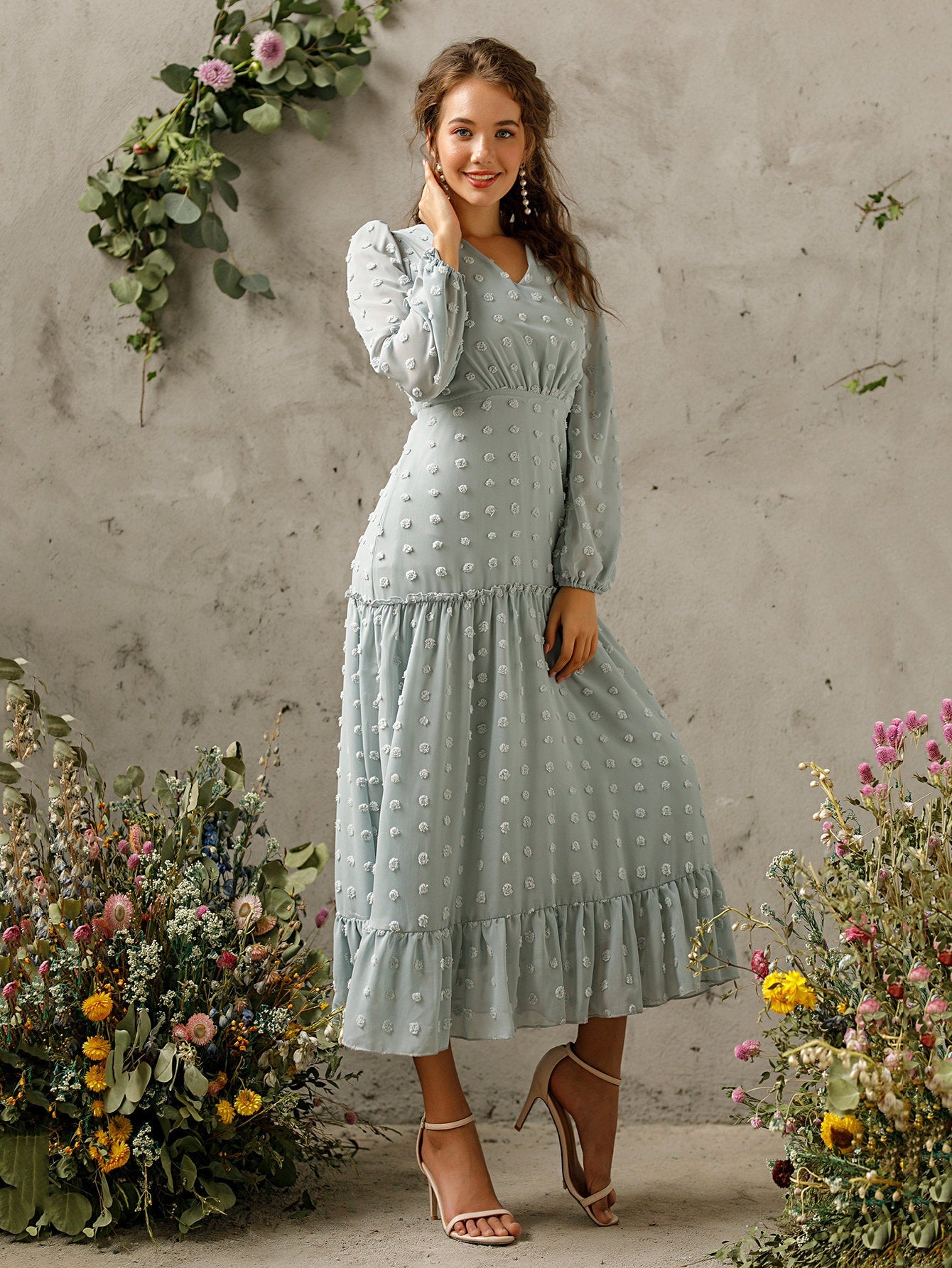 Swiss Dot Frill Trim Ruffle Hem Dress