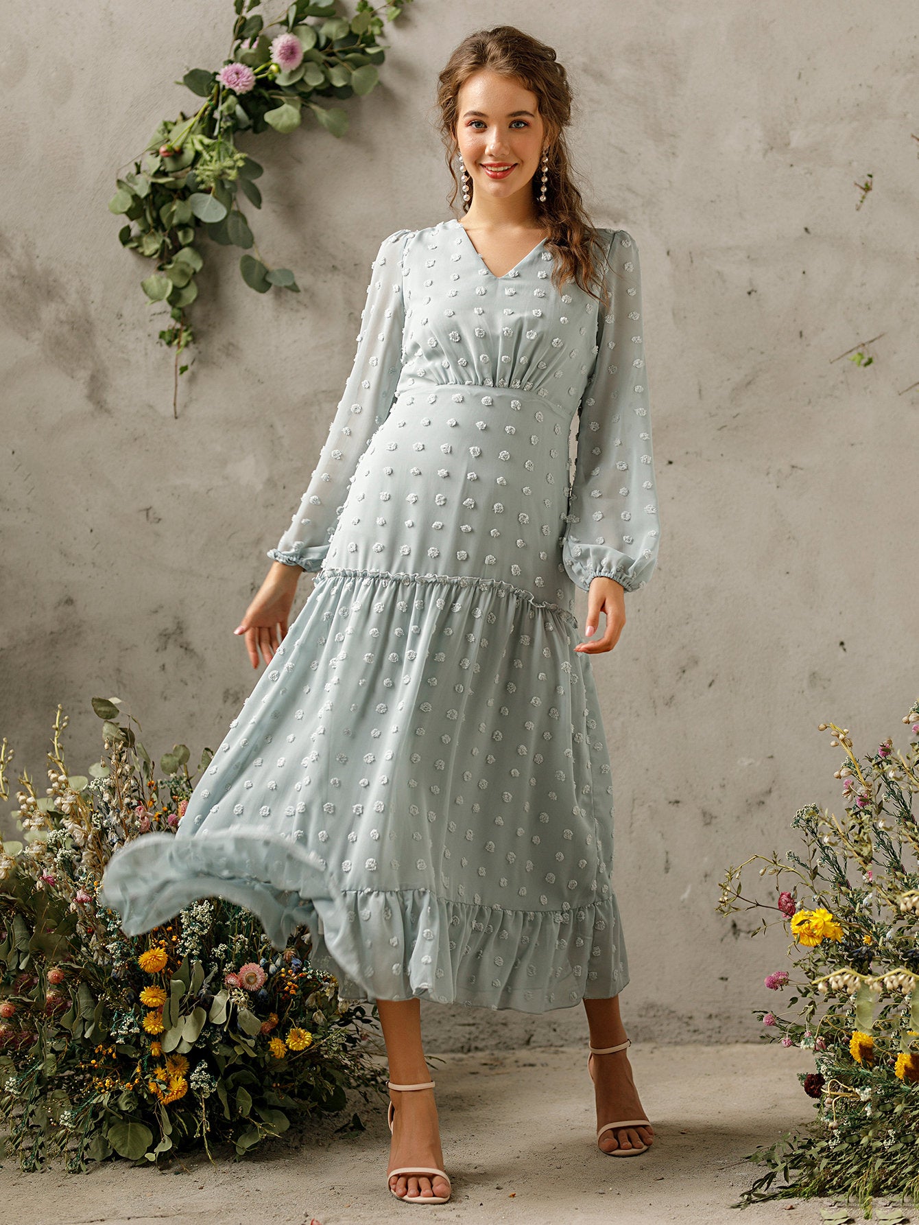Swiss Dot Frill Trim Ruffle Hem Dress