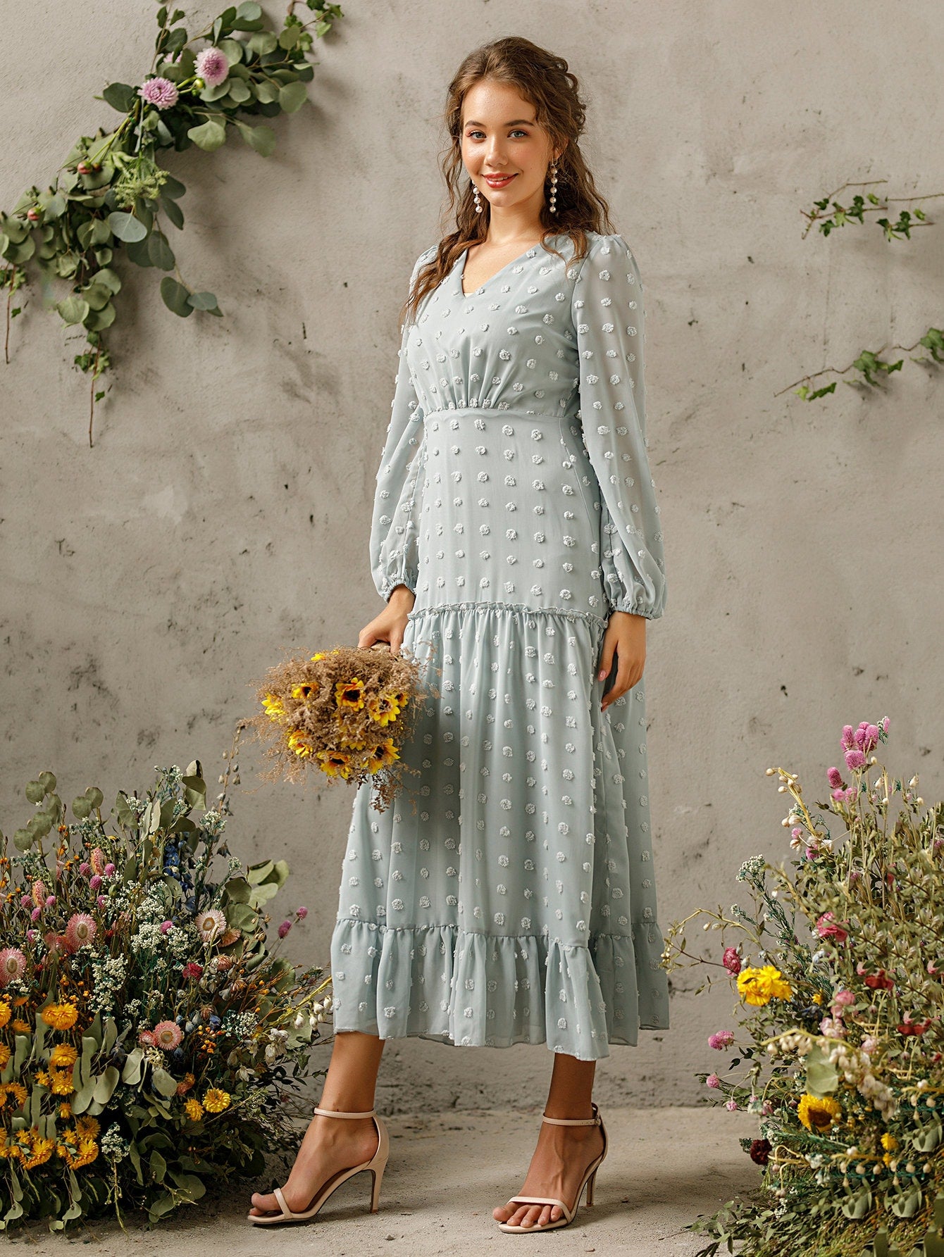 Swiss Dot Frill Trim Ruffle Hem Dress