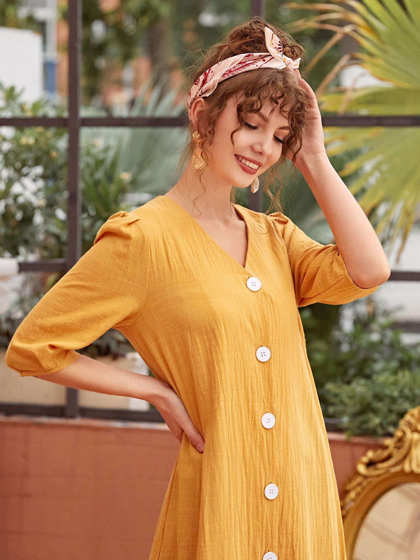 V Neck Puff Sleeve Tunic Dress