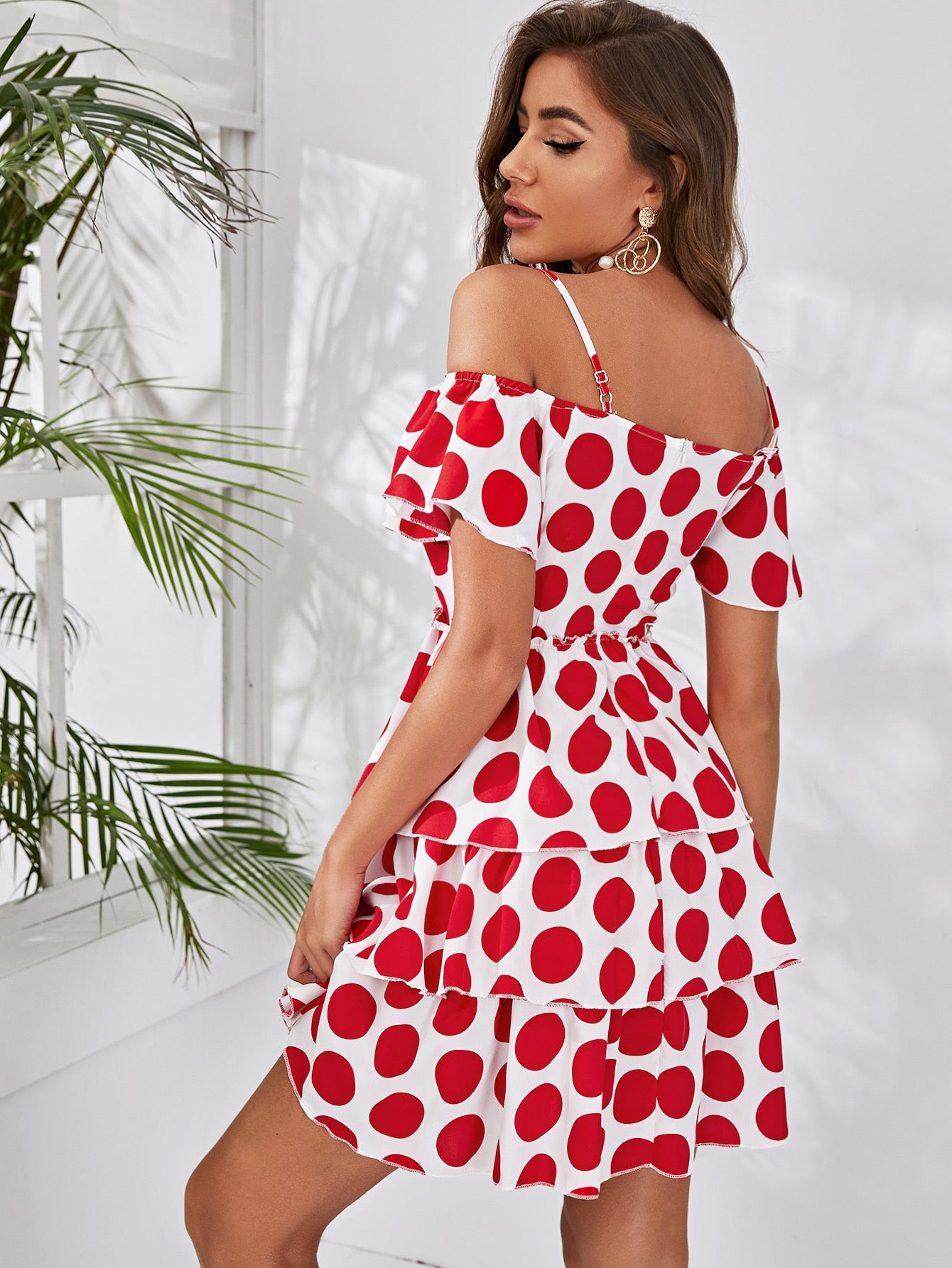 Cold Shoulder Layered Ruffle Hem Polka Dot Dress