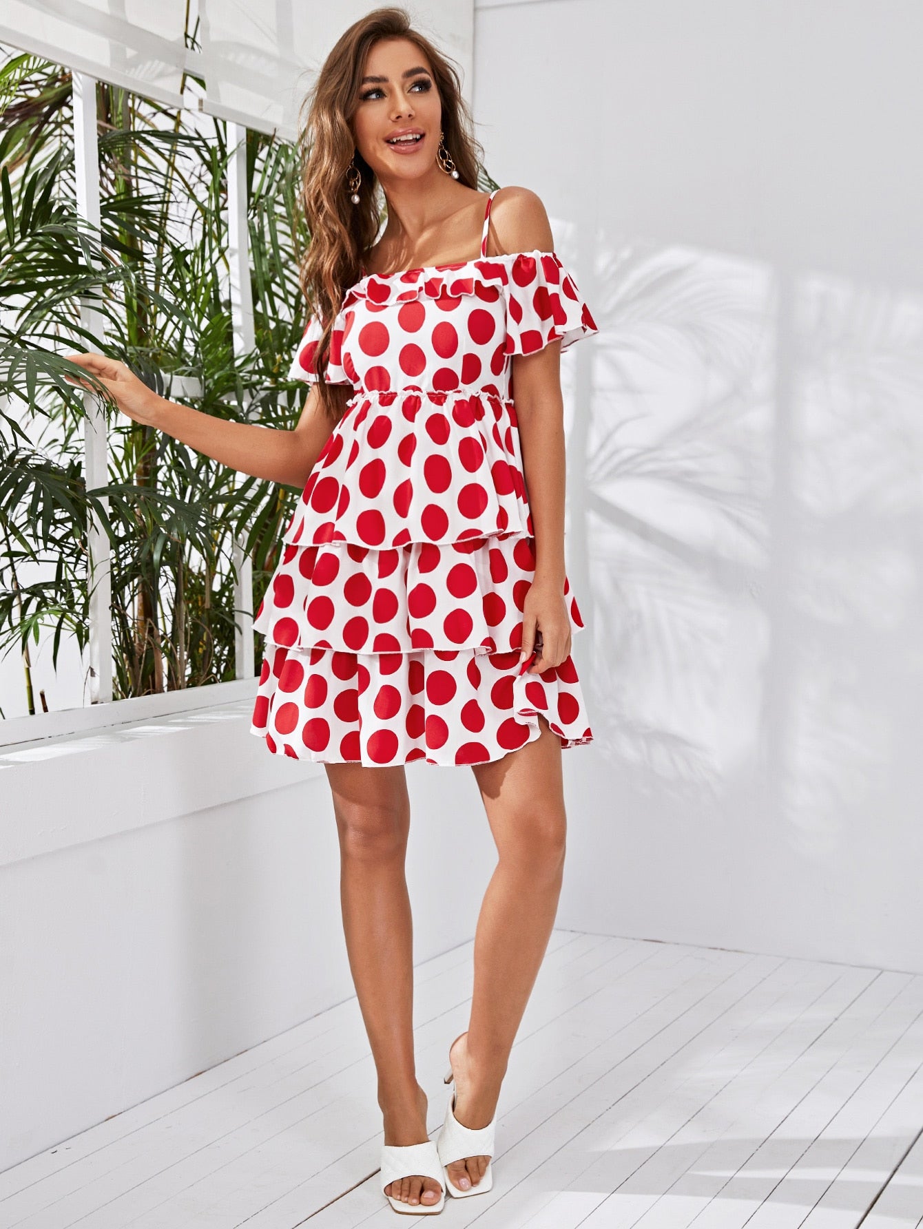 Cold Shoulder Layered Ruffle Hem Polka Dot Dress