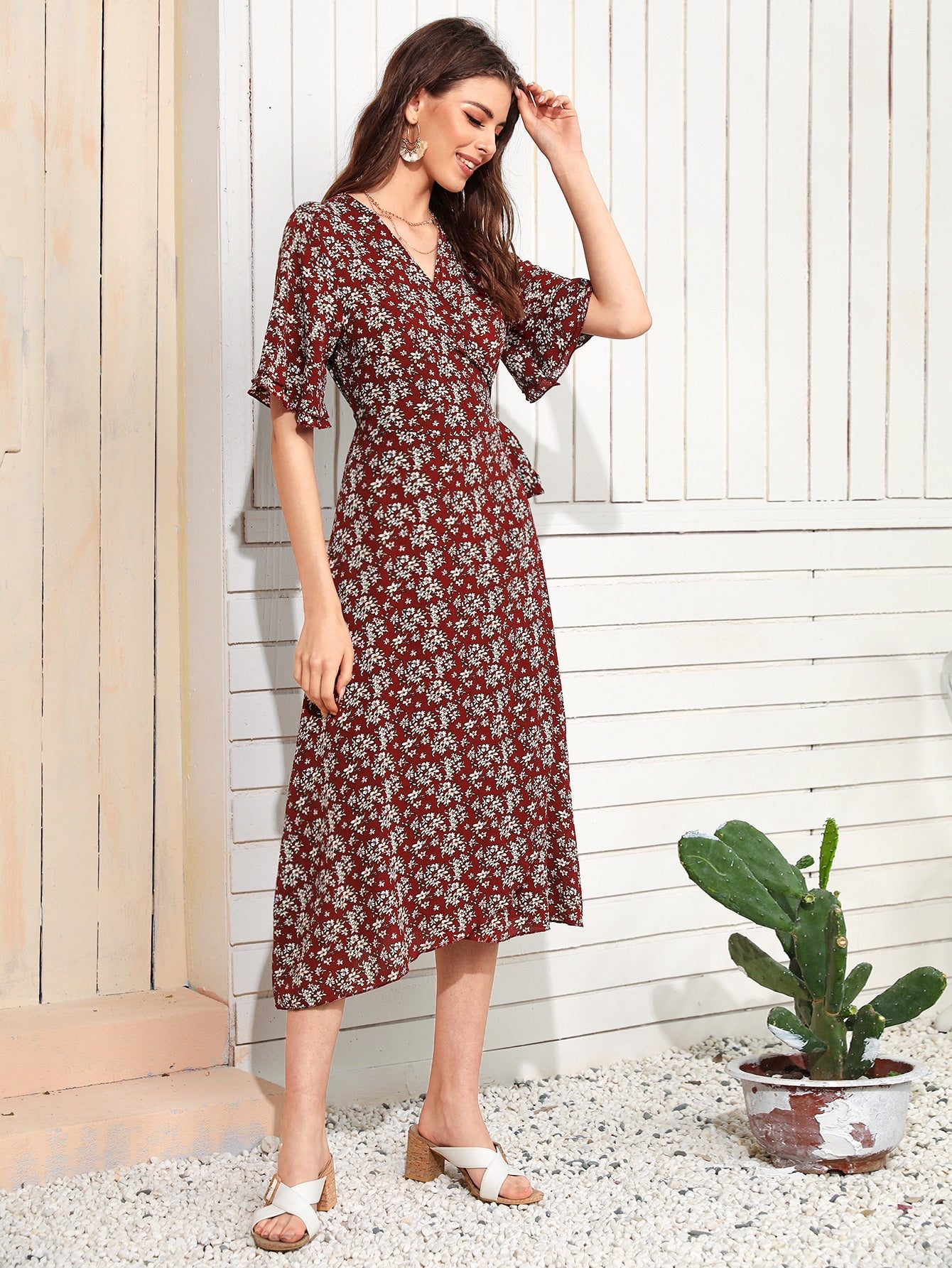 Allover Floral Print Knot Side Wrap Dress