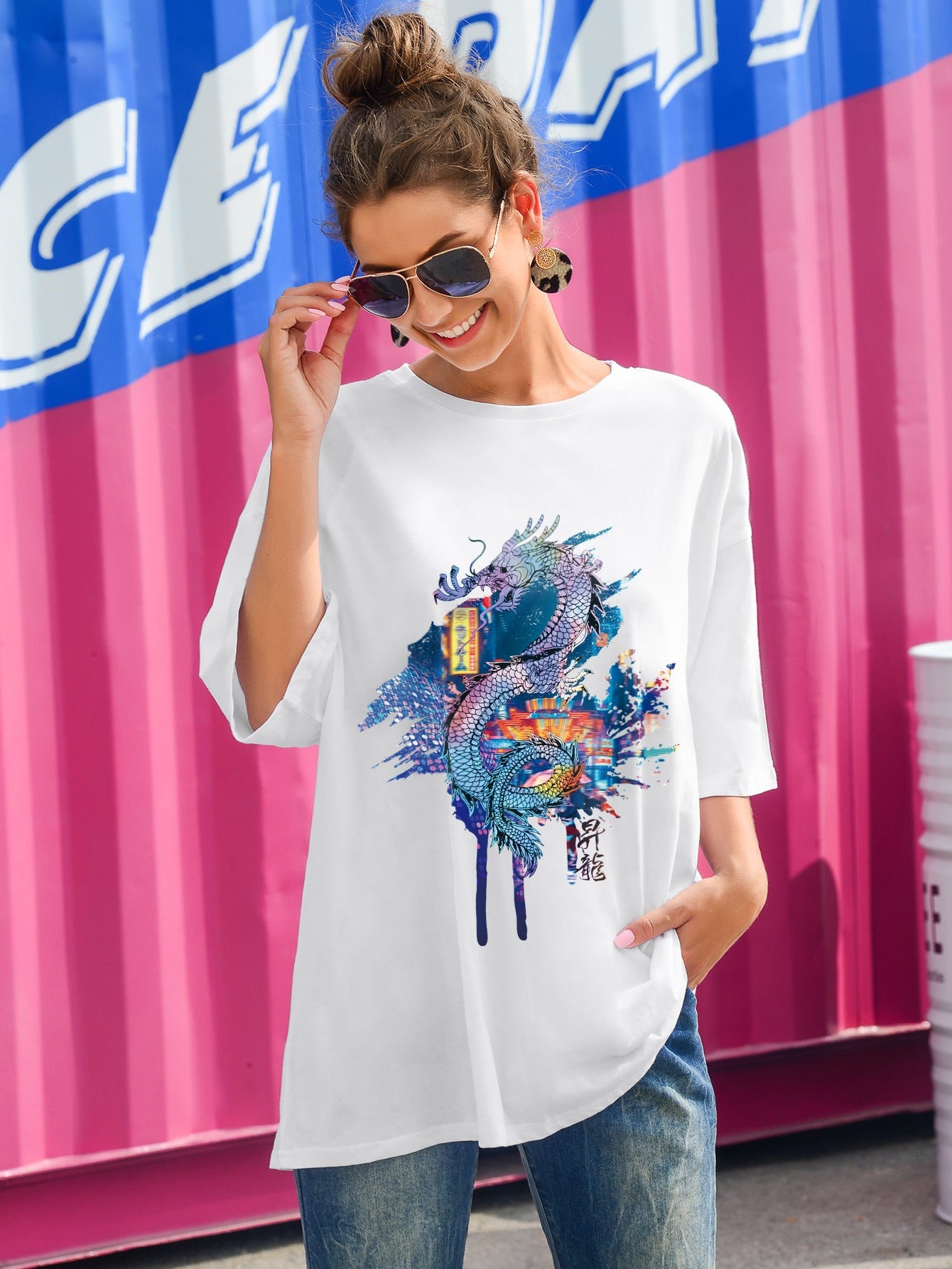 Drop Shoulder Dragon Print Oversized Tee