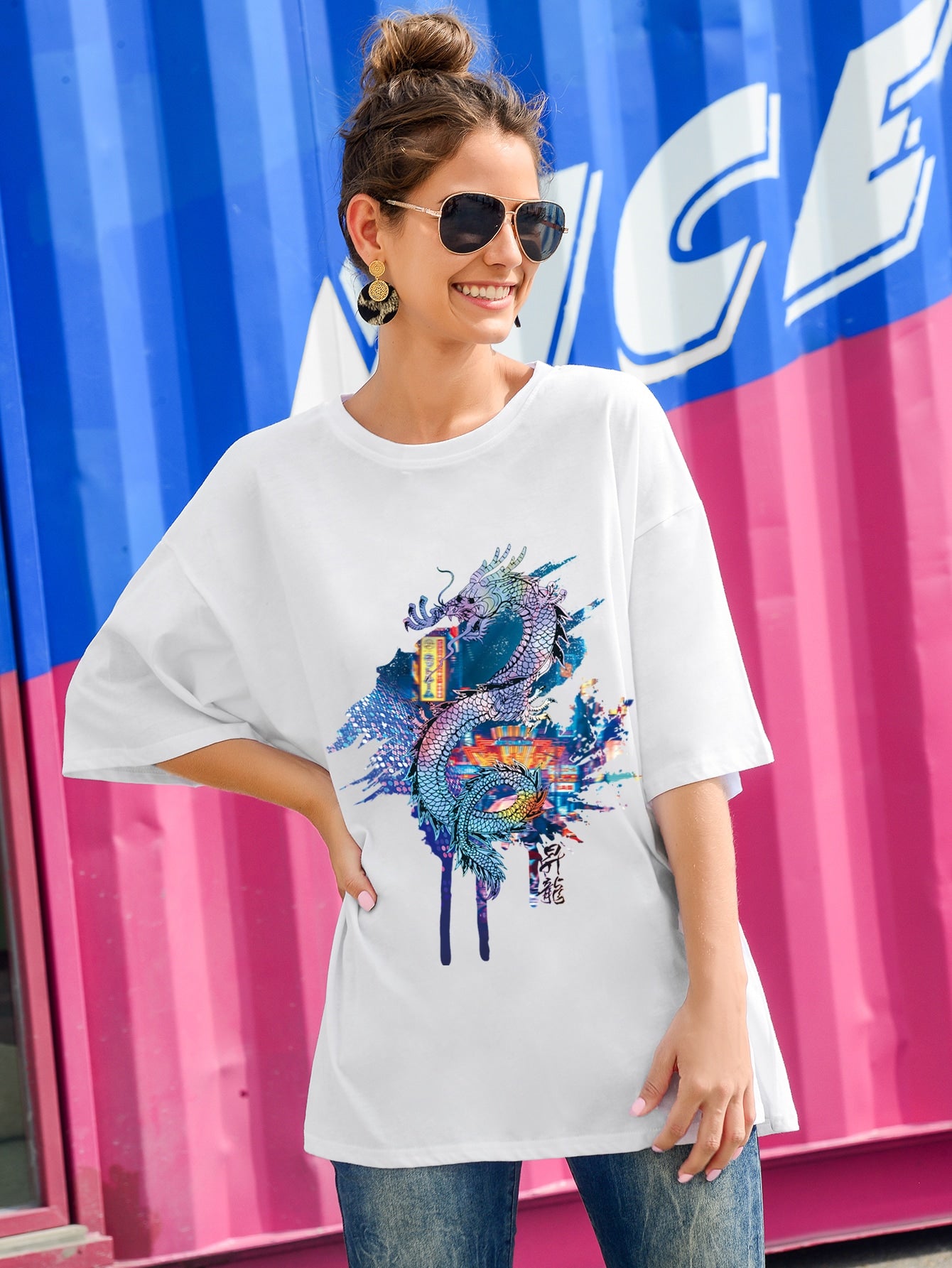 Drop Shoulder Dragon Print Oversized Tee