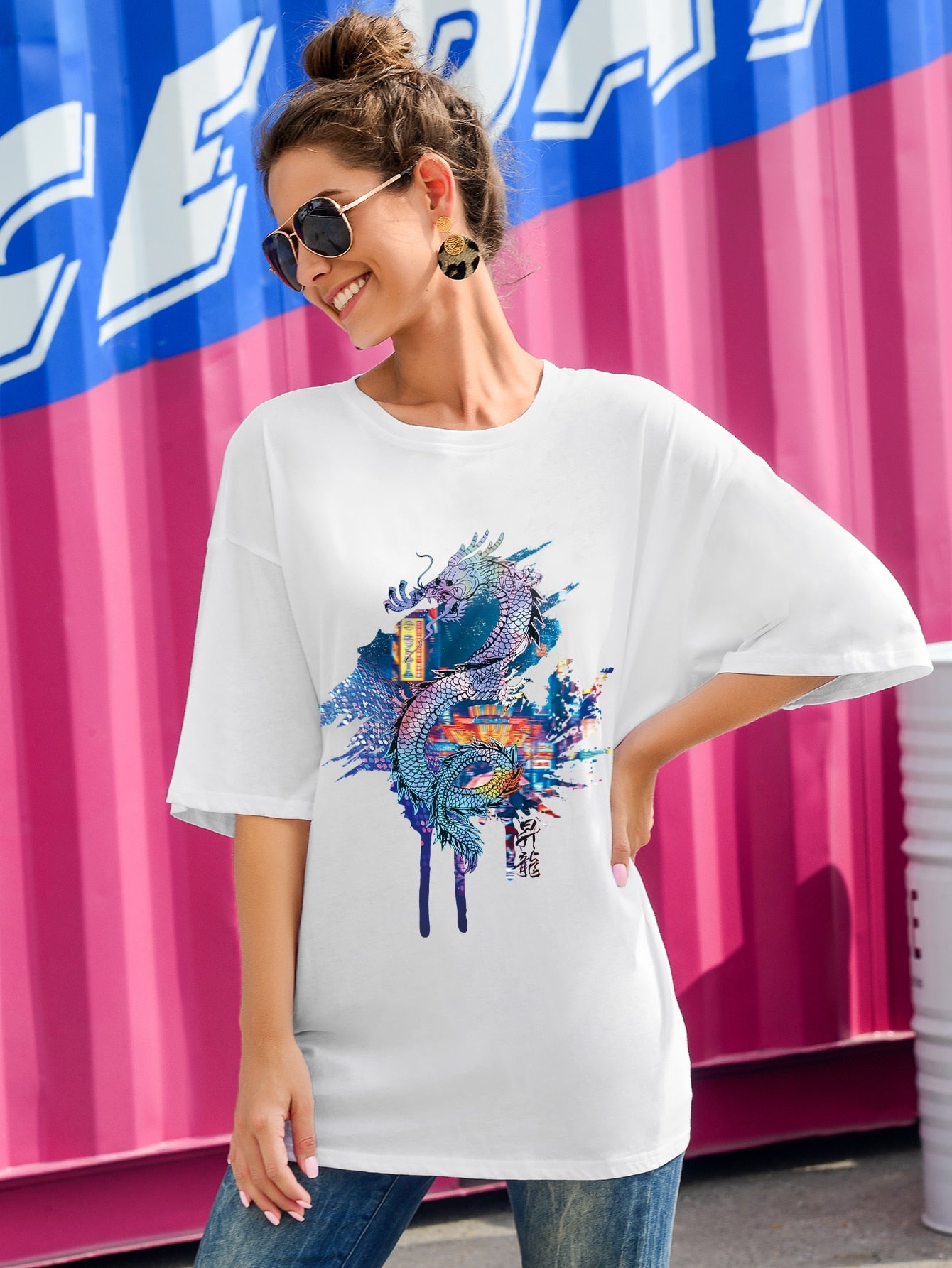 Drop Shoulder Dragon Print Oversized Tee