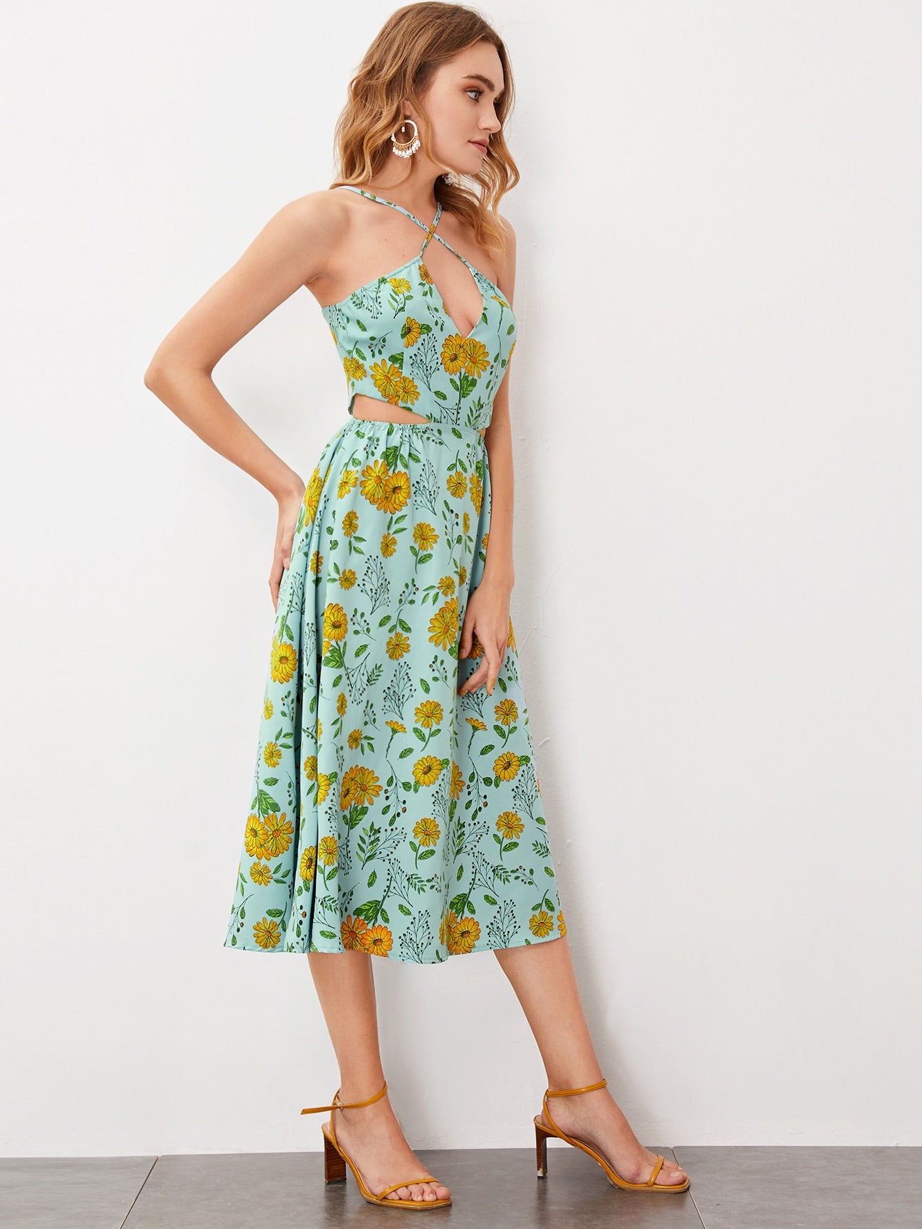 Floral Peekaboo Side Criss Cross Cami Dress