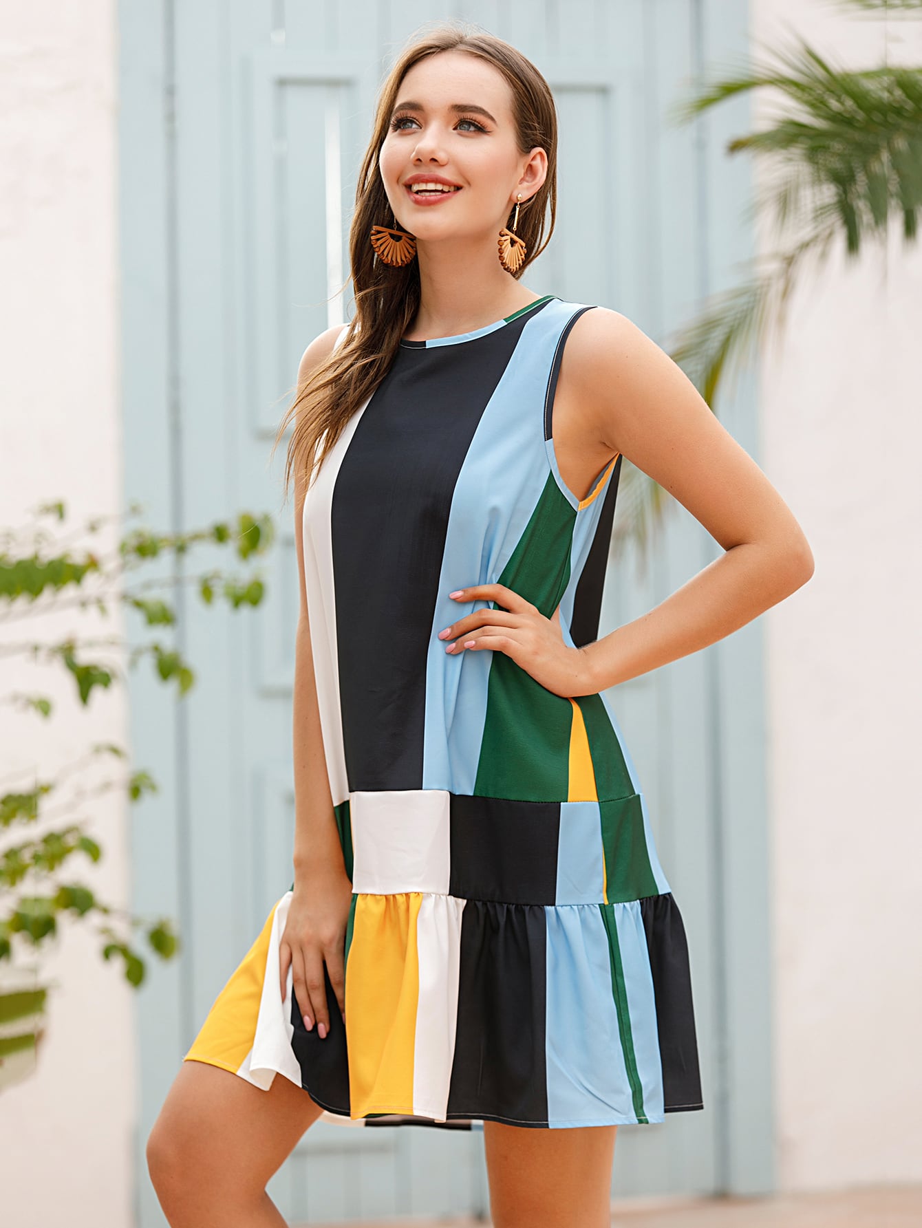 Colorblock Ruffle Hem Babydoll Dress