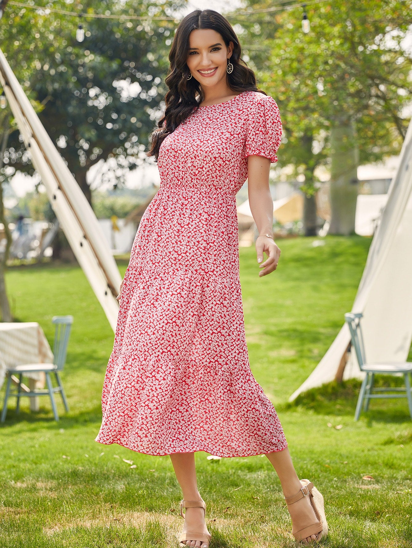 Ditsy Floral Flounce Sleeve A-line Dress