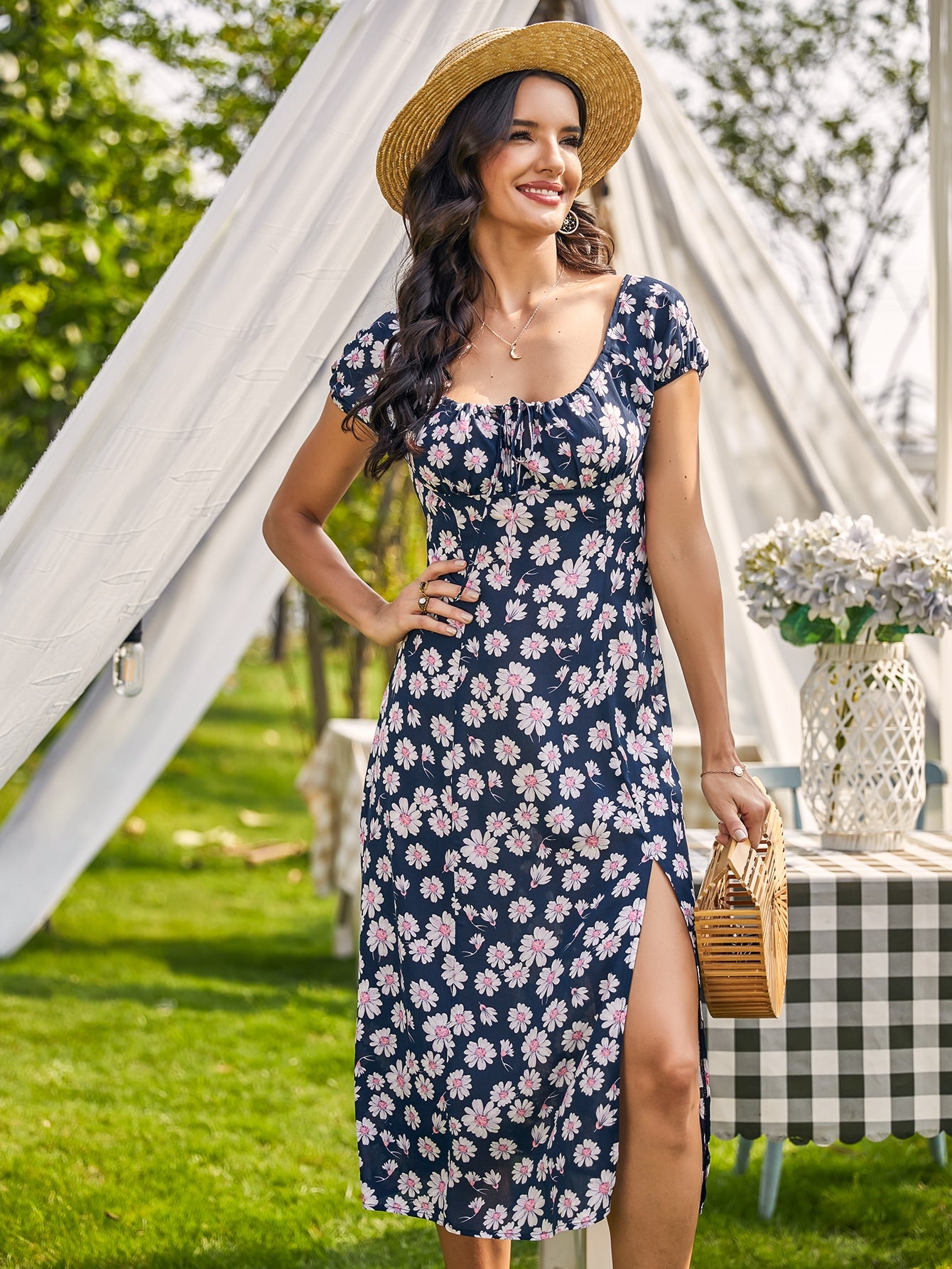 Allover Floral Split Thigh Tie Front Dress