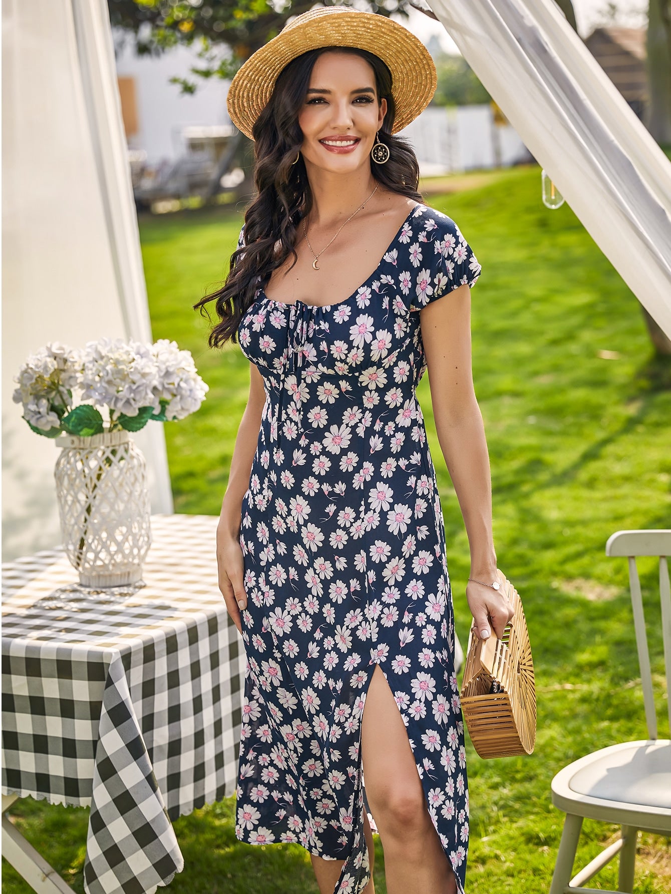 Allover Floral Split Thigh Tie Front Dress