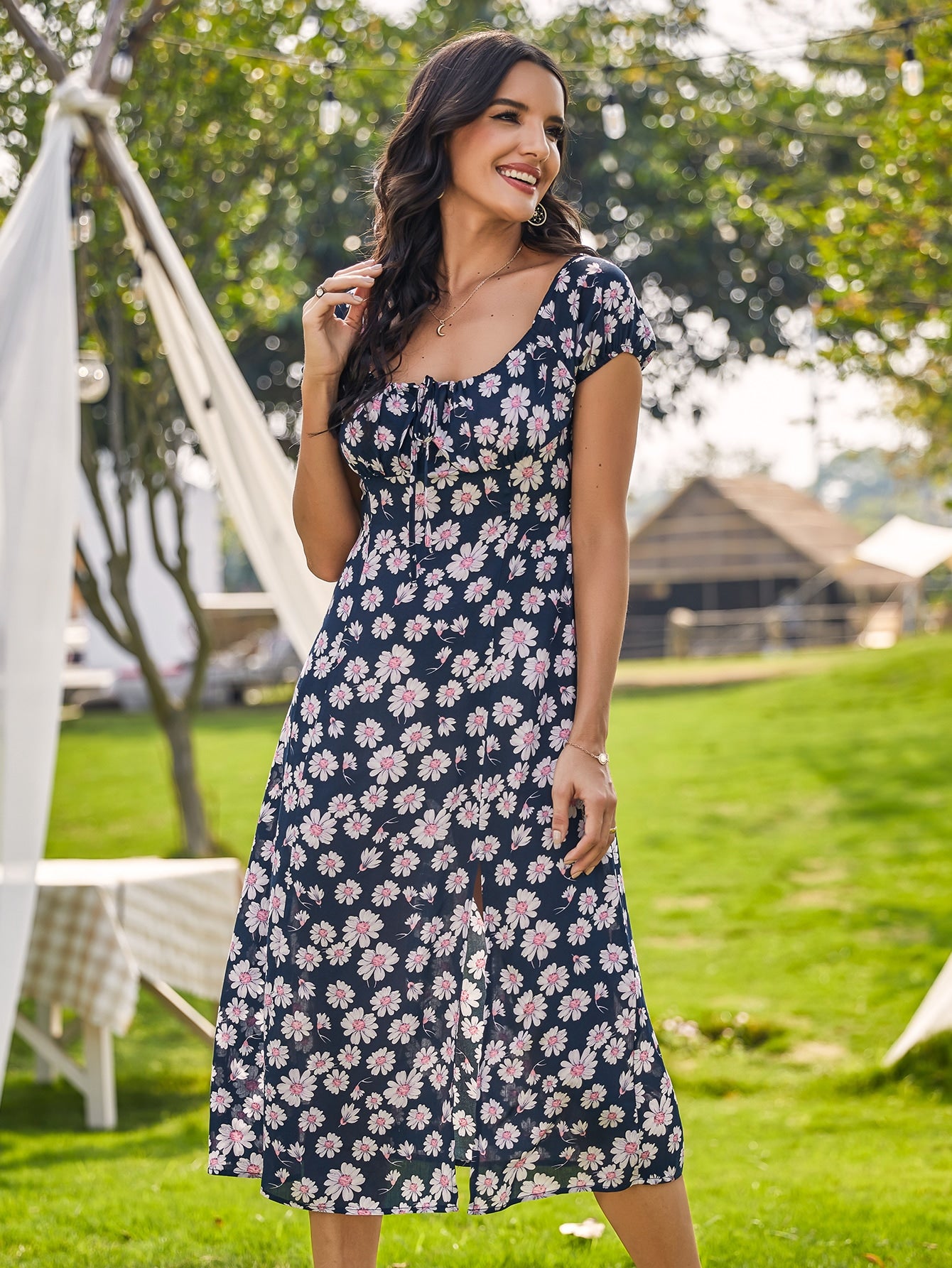 Allover Floral Split Thigh Tie Front Dress